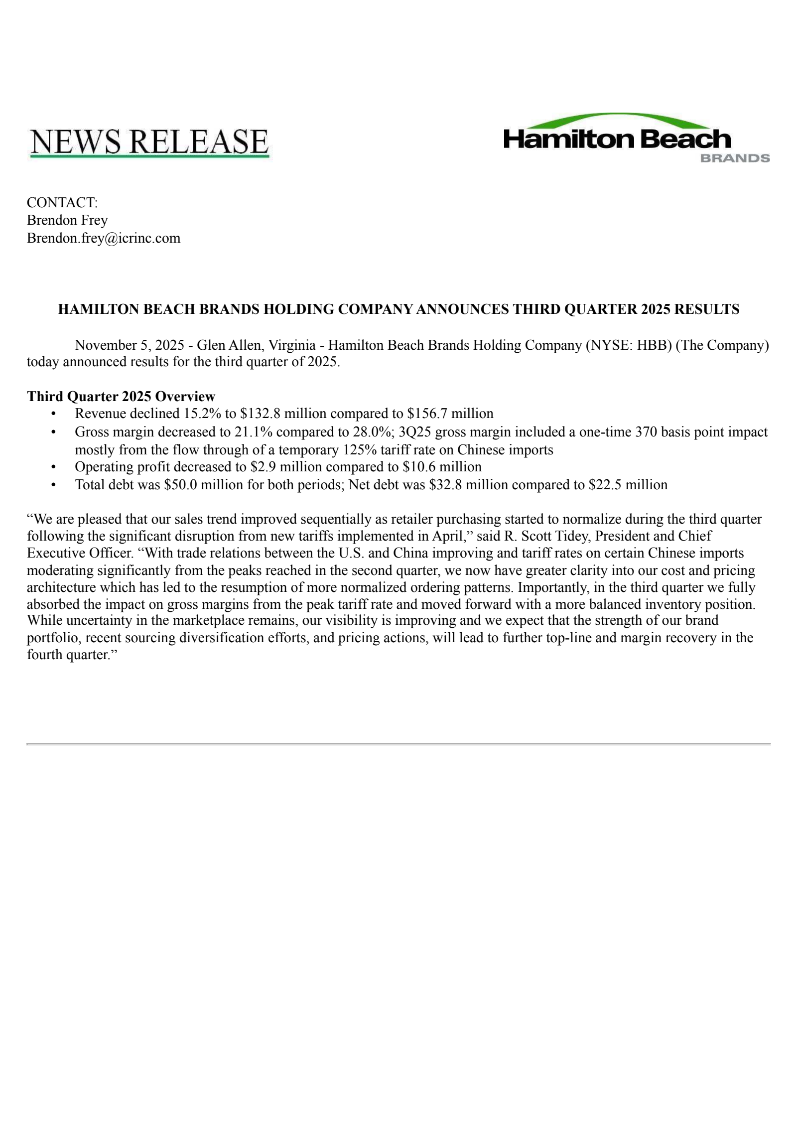 Hamilton Beach Brands' Q3 2025 Earnings Release