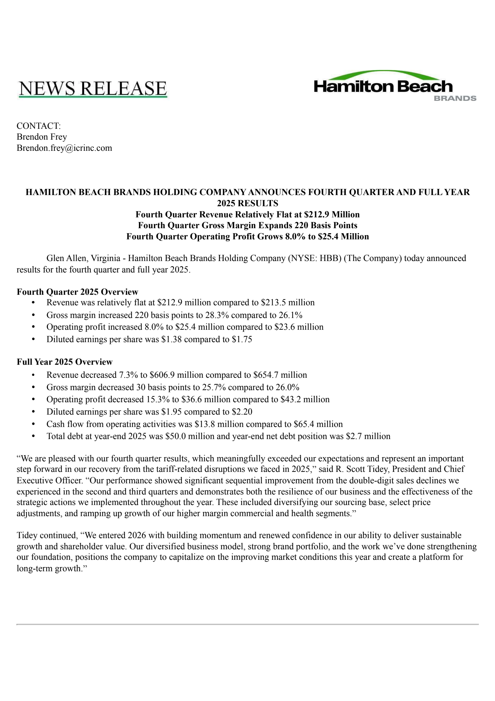 Hamilton Beach Brands' Q4 2025 Press Release