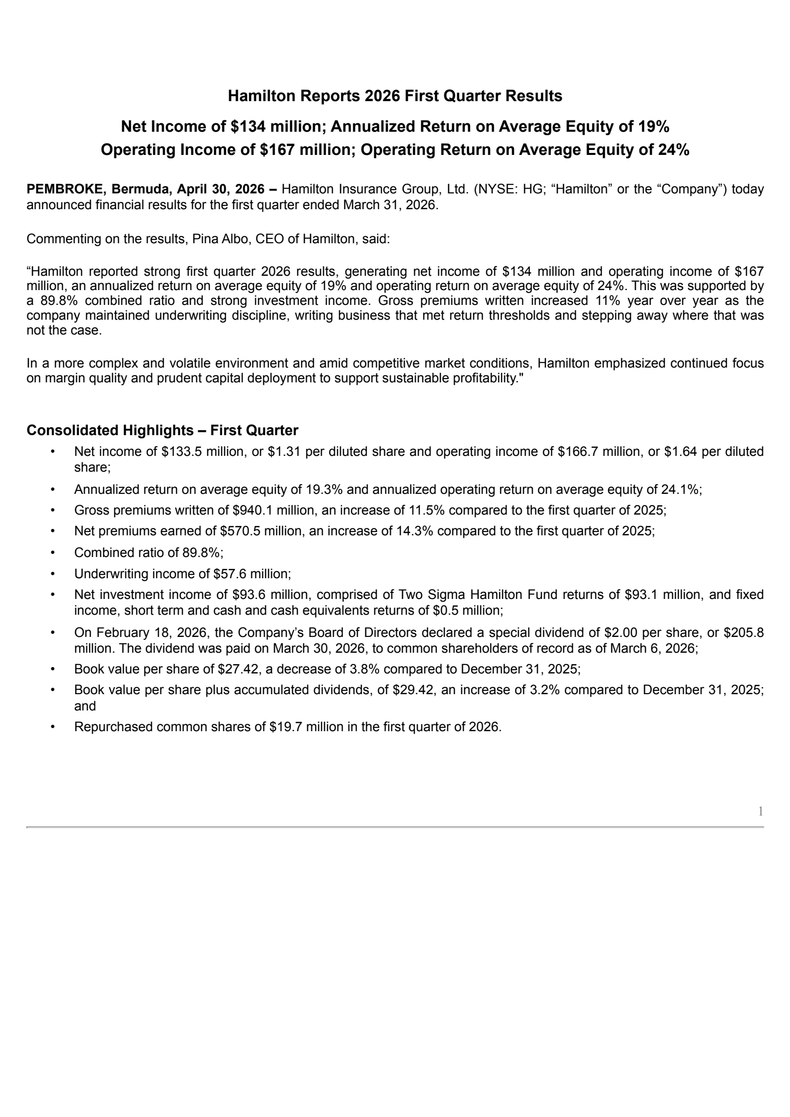 Hamilton Insurance Group's Q1 2026 Press Release