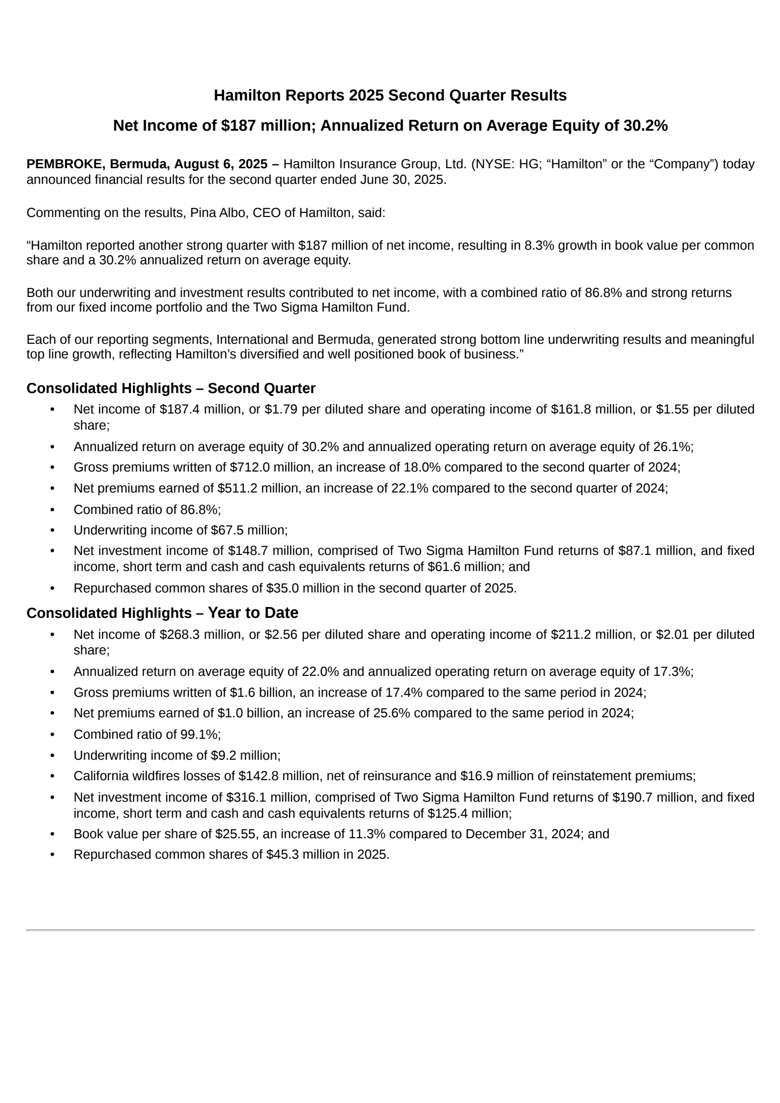 Hamilton Insurance Group's Q2 2025 Press Release