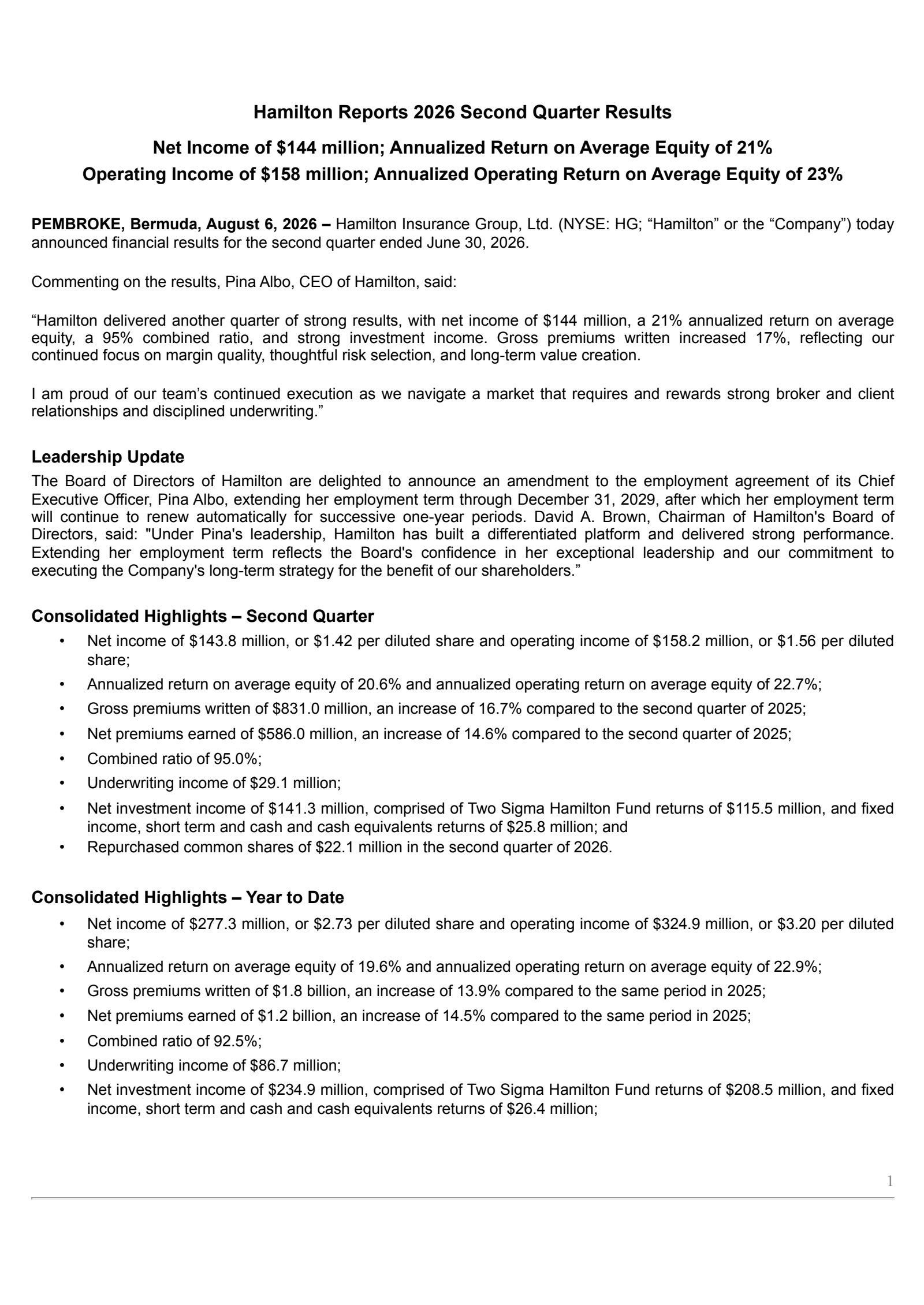 Hamilton Insurance Group's Q2 2026 Press Release