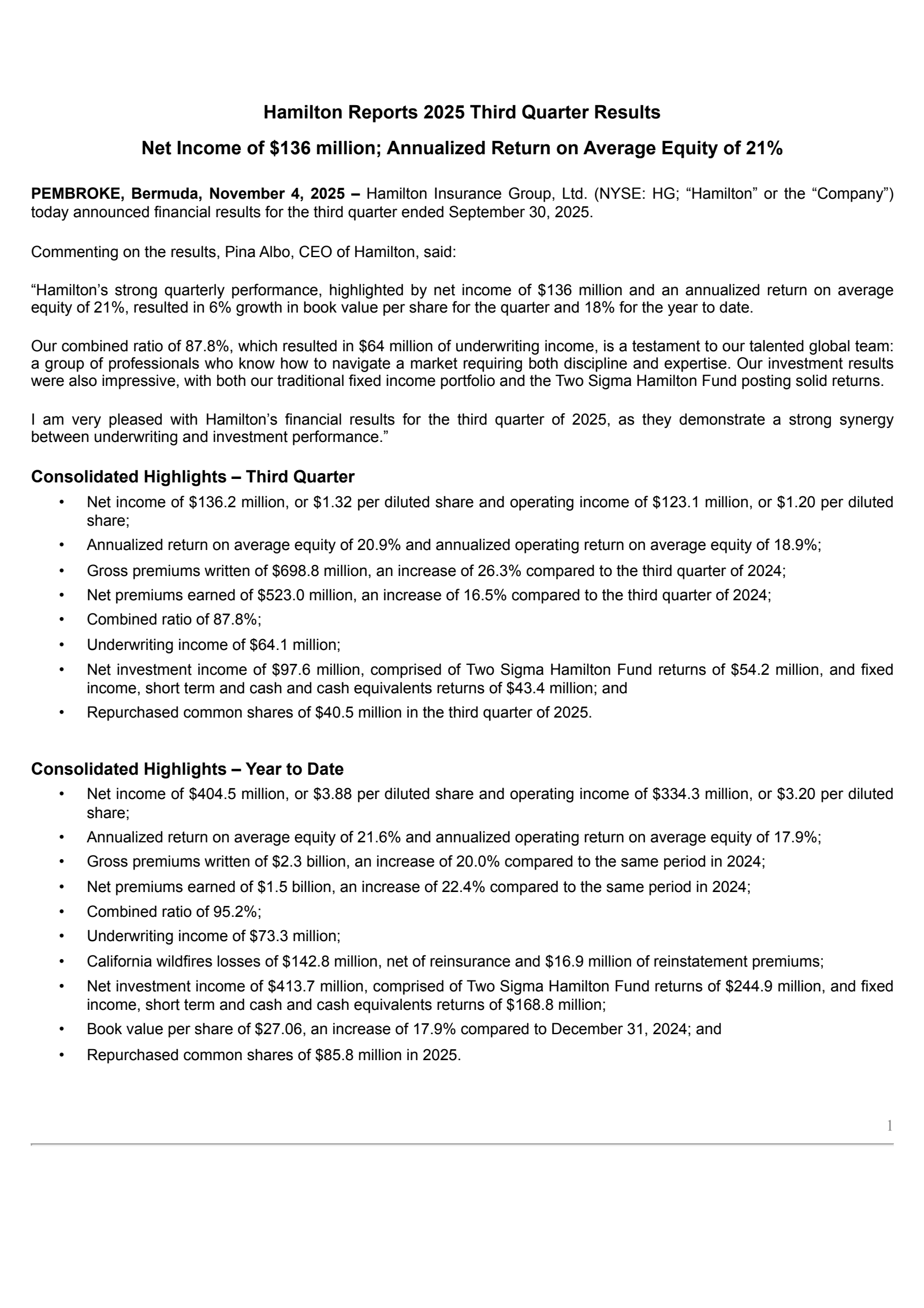 Hamilton Insurance Group's Q3 2025 Earnings Release