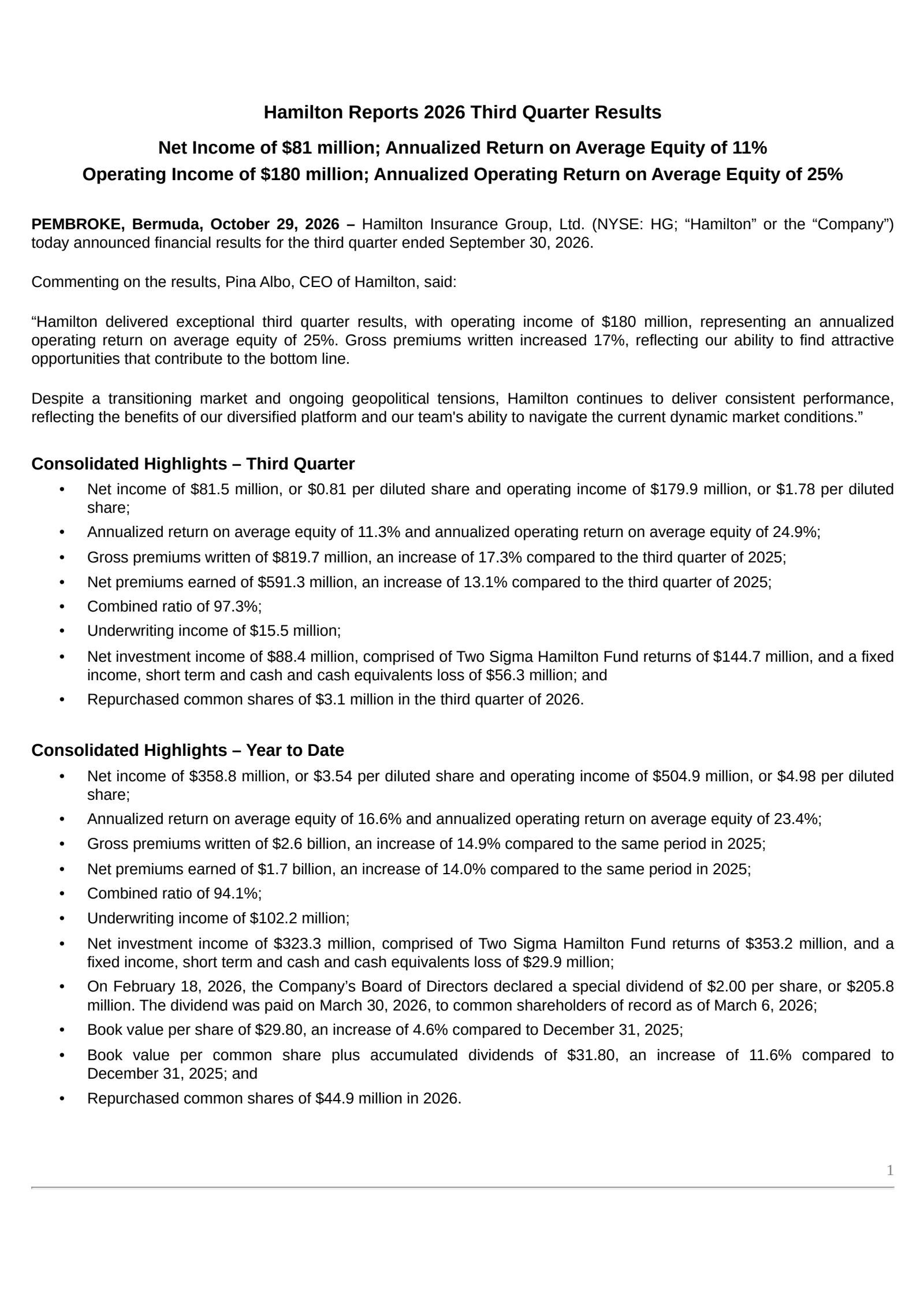 Hamilton Insurance Group's Q3 2026 Press Release