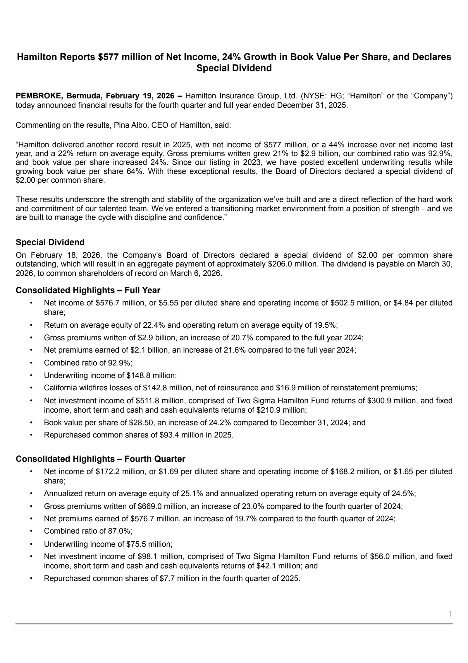 Hamilton Insurance Group's Q4 2025 Press Release