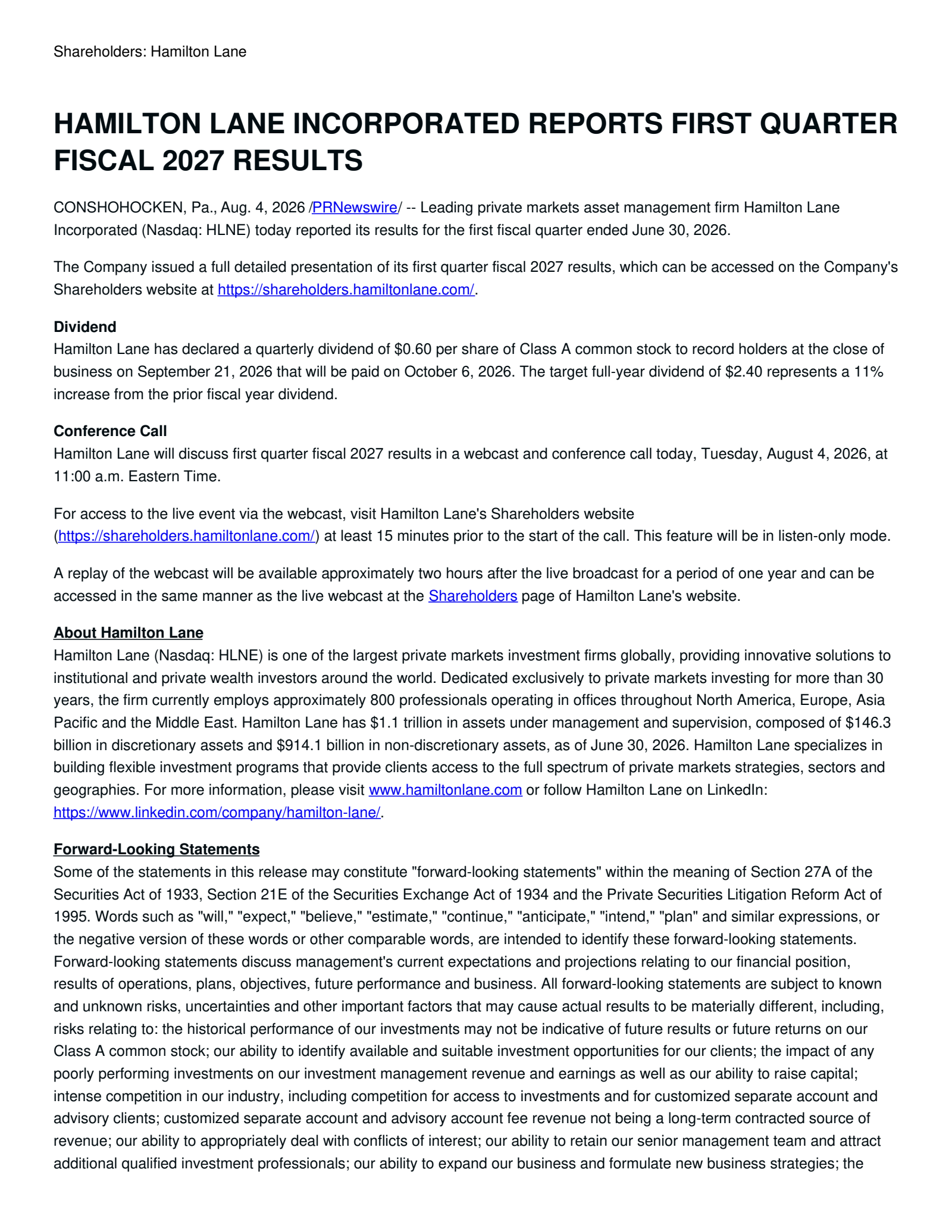 Hamilton Lane's Q1 2027 Press Release
