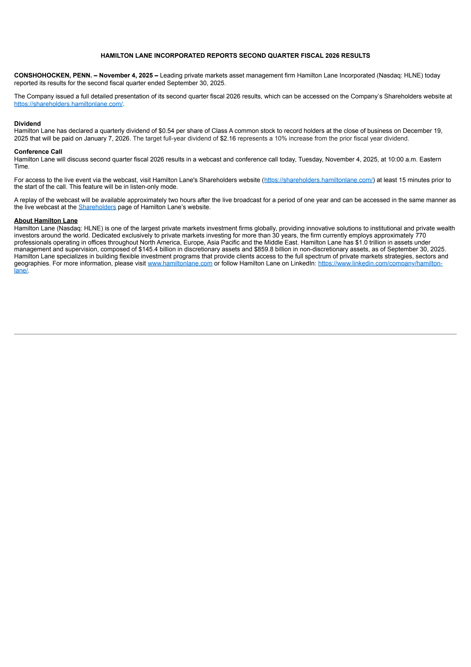 Hamilton Lane's Q2 2026 Earnings Release