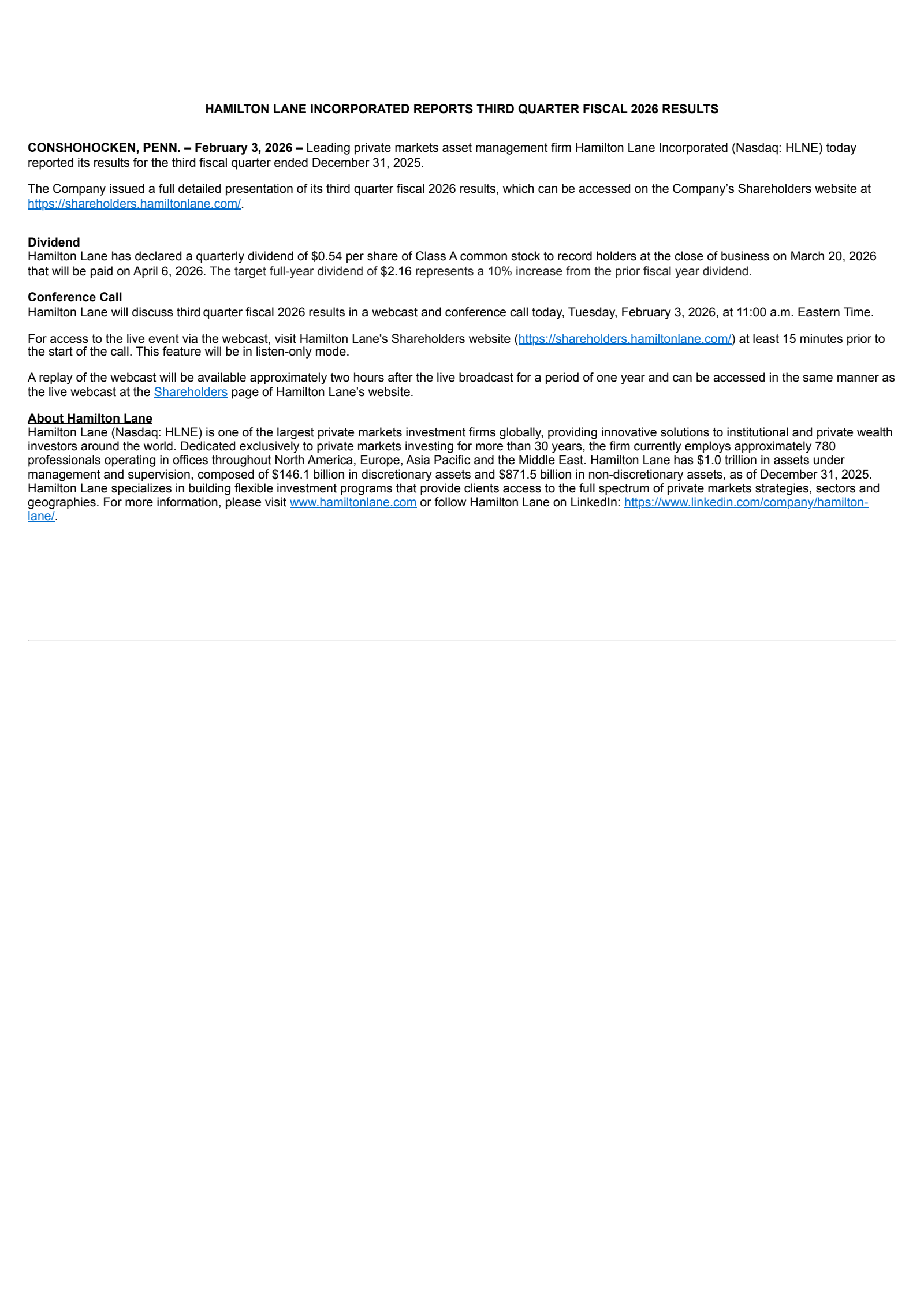 Hamilton Lane's Q3 2026 Press Release
