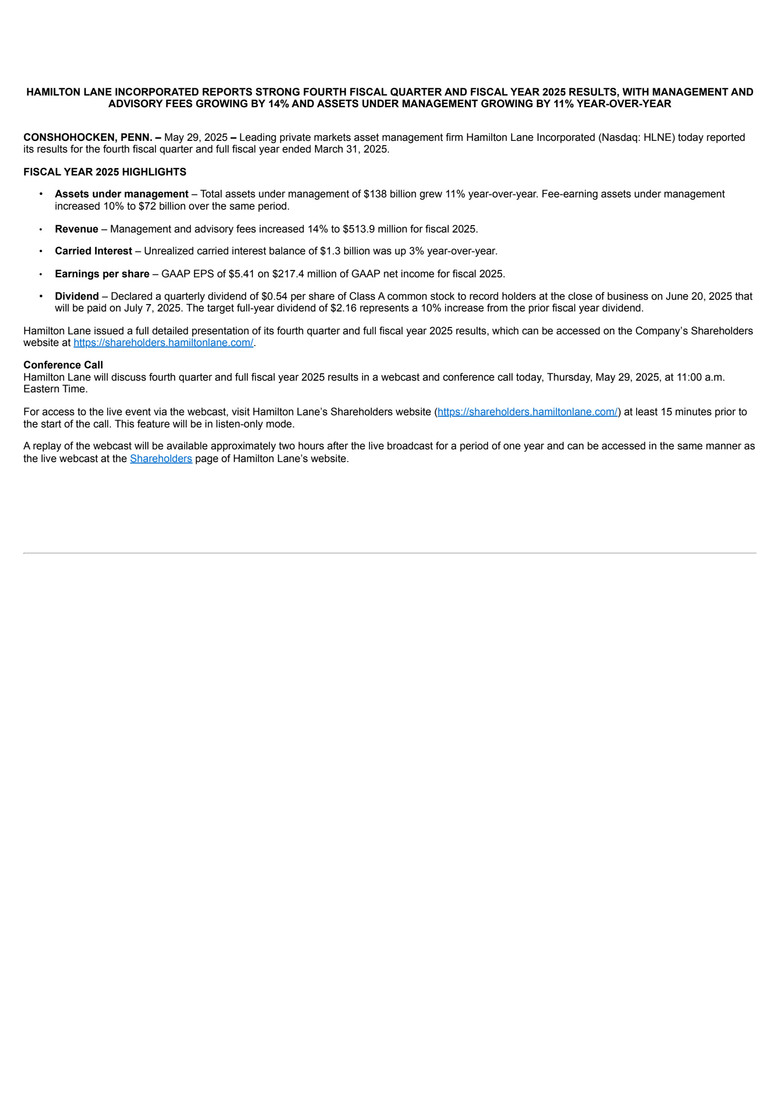 Hamilton Lane's Q4 2025 Press Release