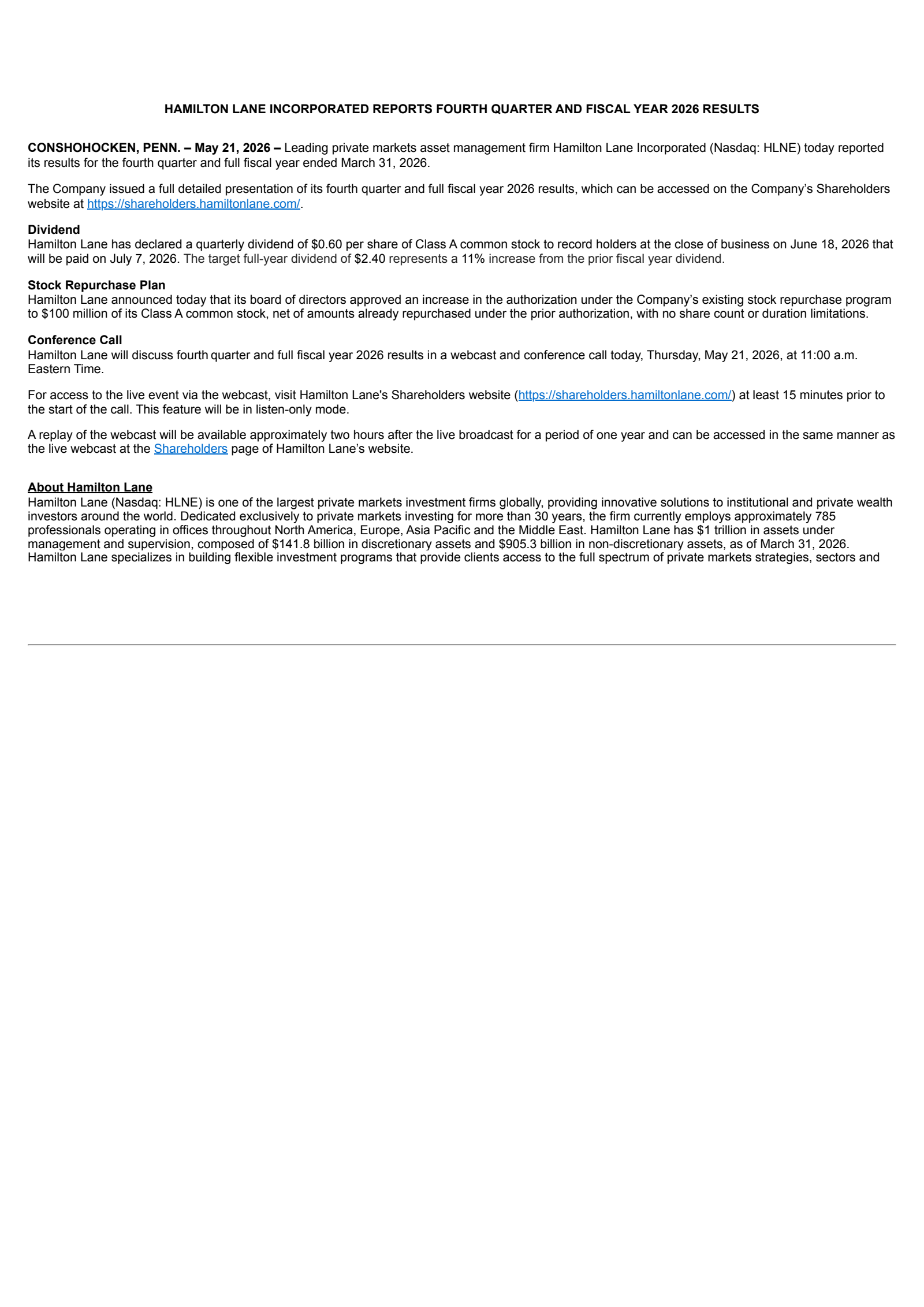 Hamilton Lane's Q4 2026 Press Release