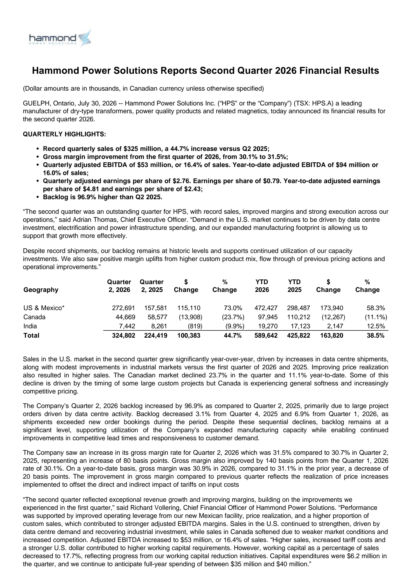 Hammond Power Solutions' Q2 2026 Press Release
