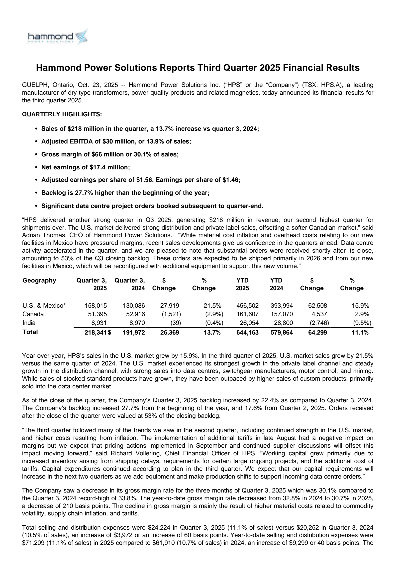 Hammond Power Solutions' Q3 2025 Earnings Release