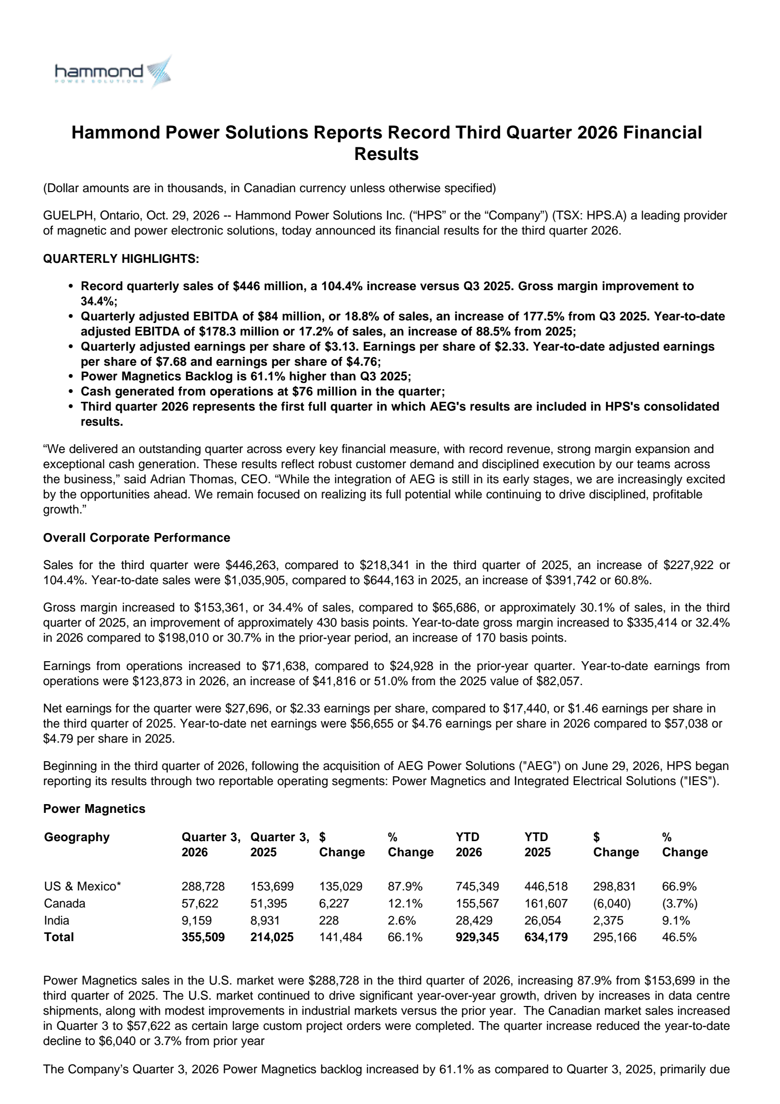 Hammond Power Solutions' Q3 2026 Press Release