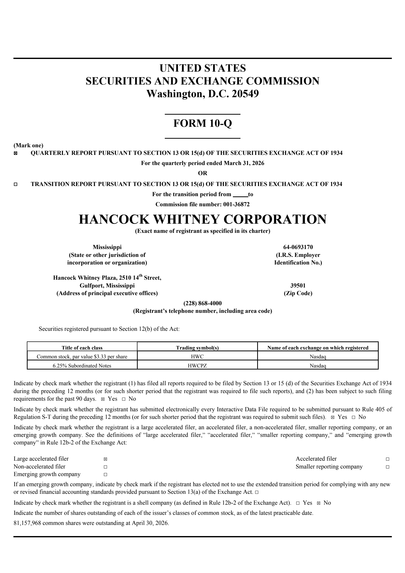 Hancock Whitney's Q1 2026 Quarterly report