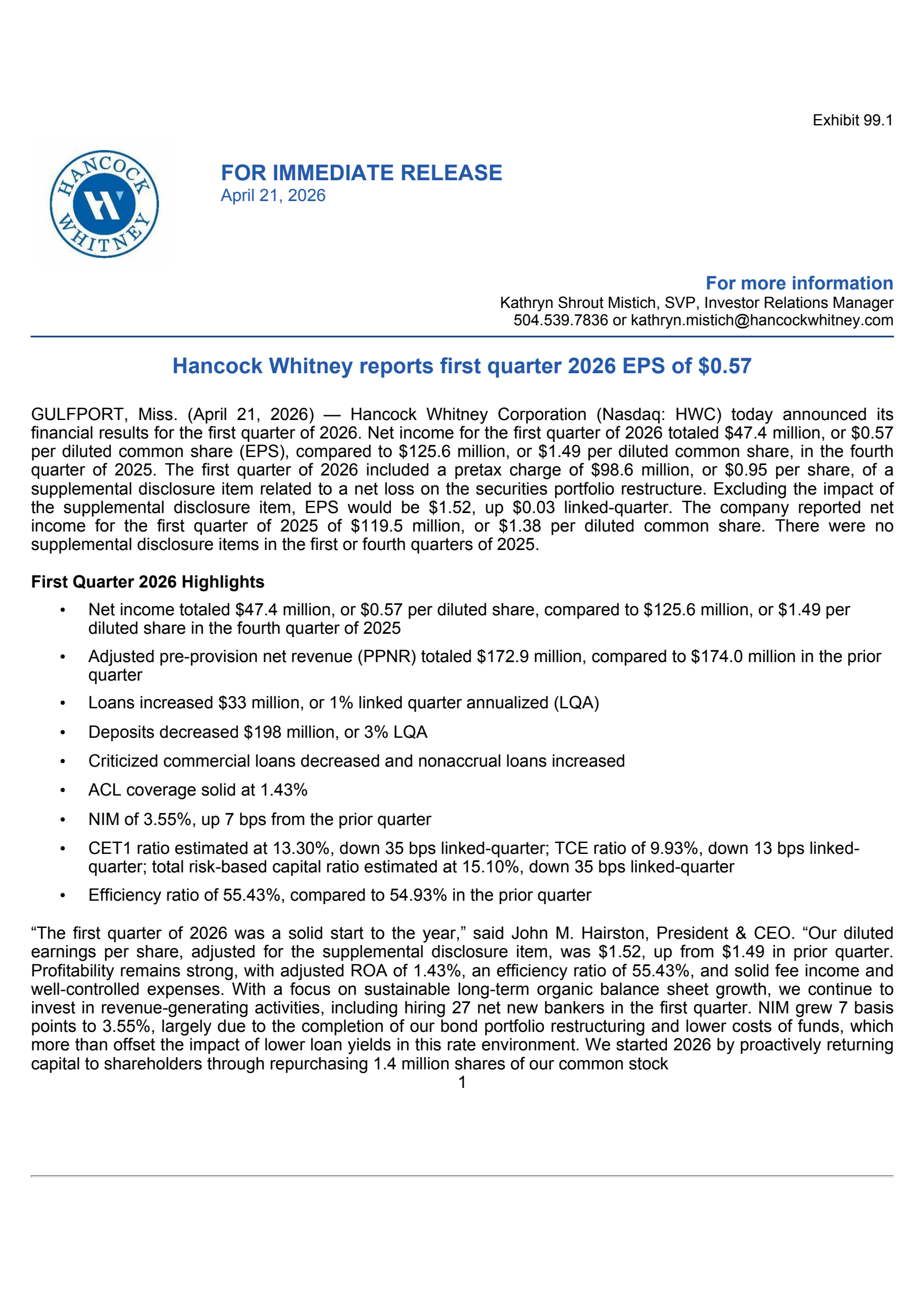 Hancock Whitney's Q1 2026 Press Release