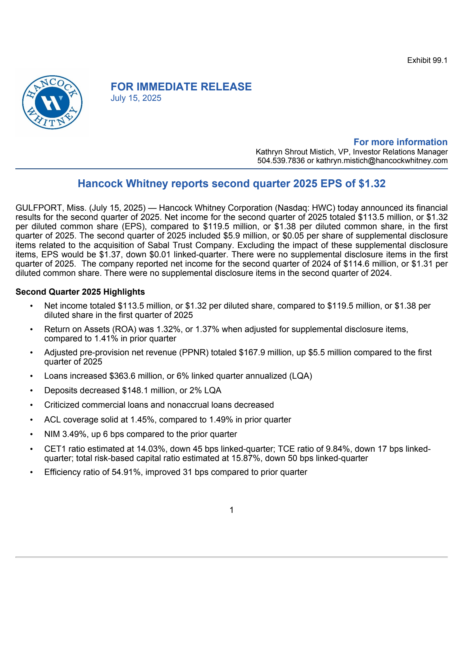 Hancock Whitney's Q2 2025 Press Release