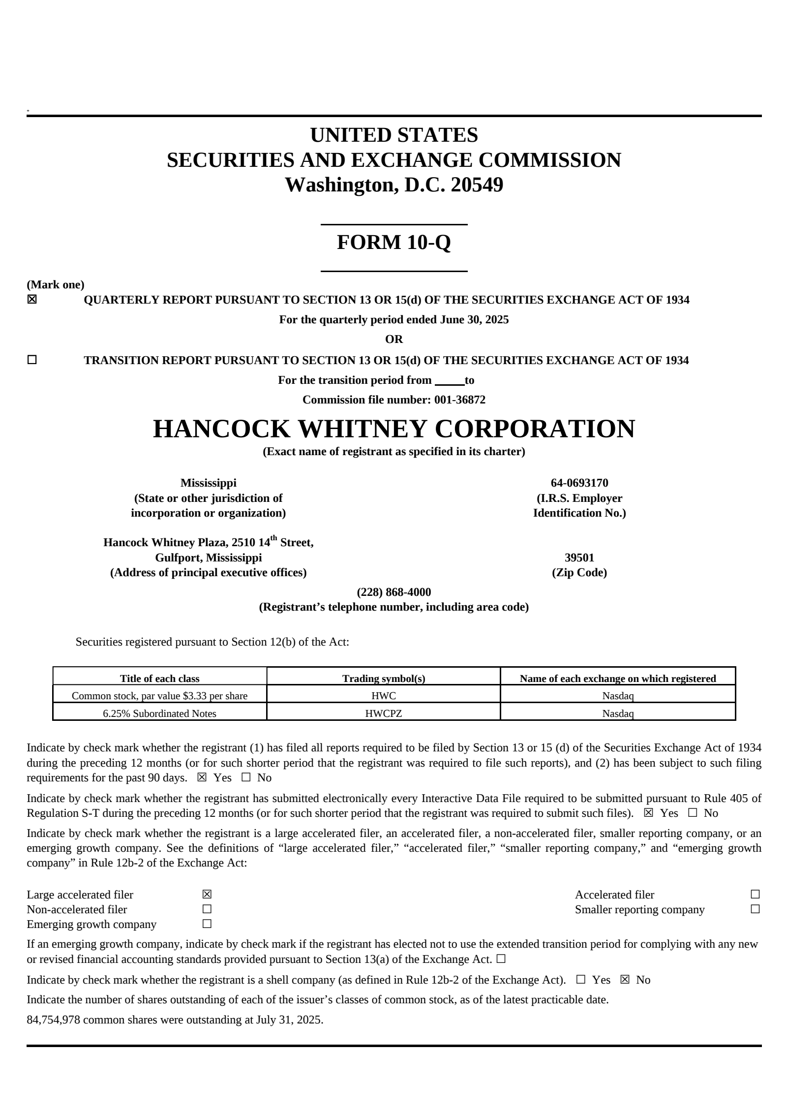 Hancock Whitney's Q2 2025 Quarterly report