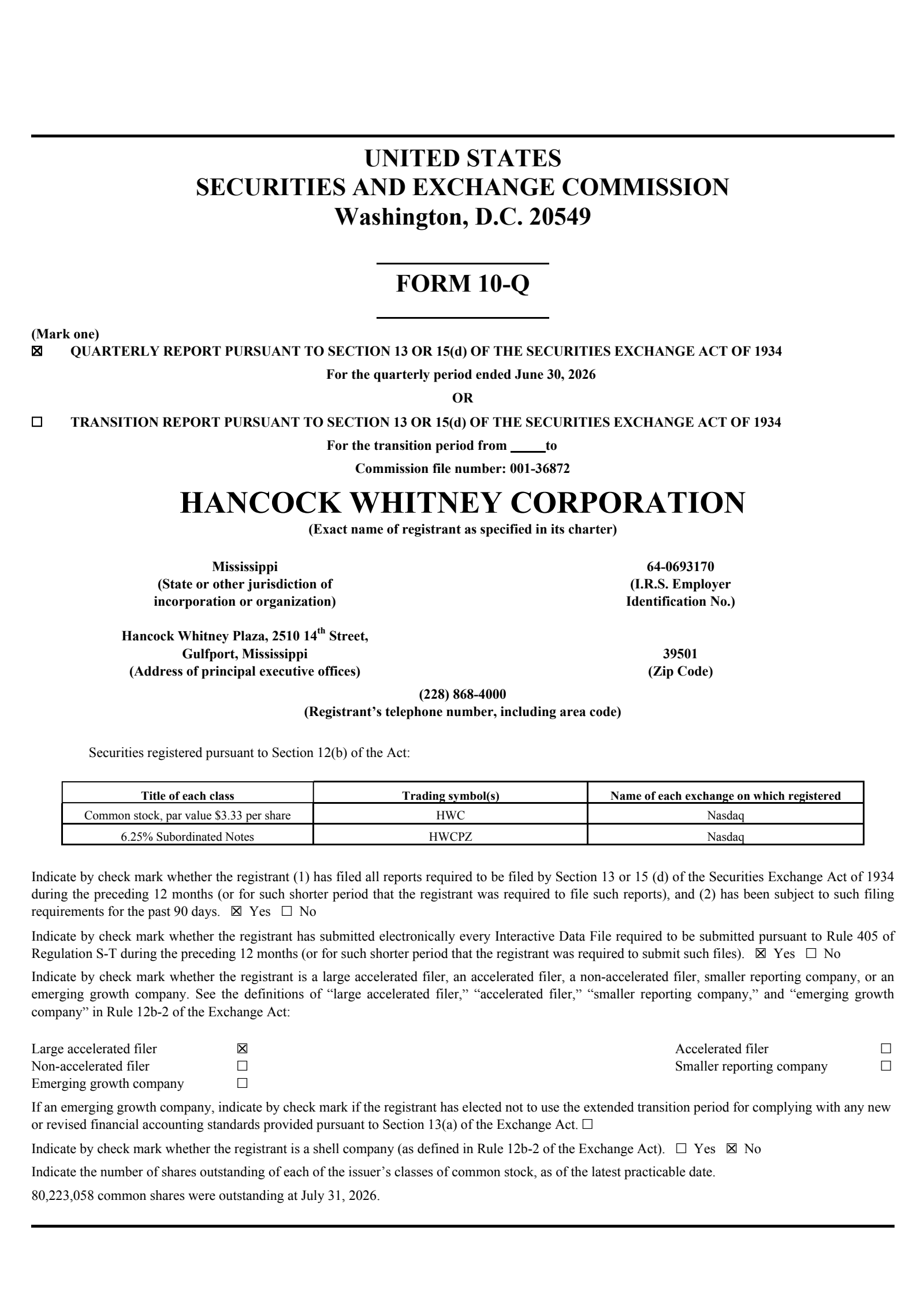 Hancock Whitney's Q2 2026 Quarterly report