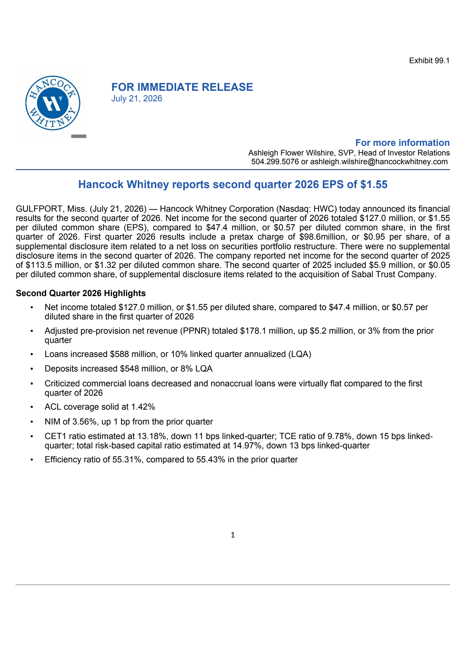 Hancock Whitney's Q2 2026 Press Release