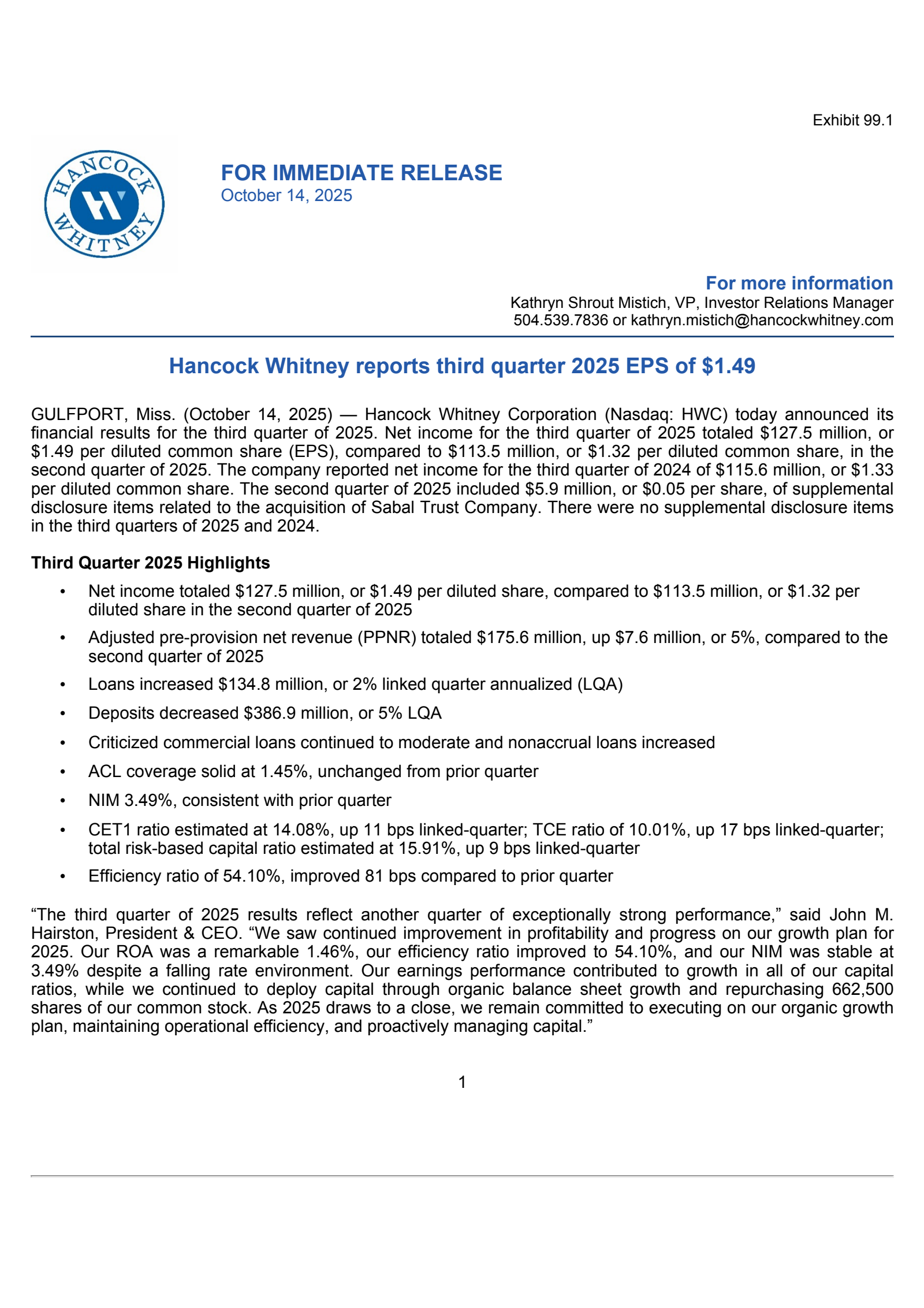 Hancock Whitney's Q3 2025 Earnings Release