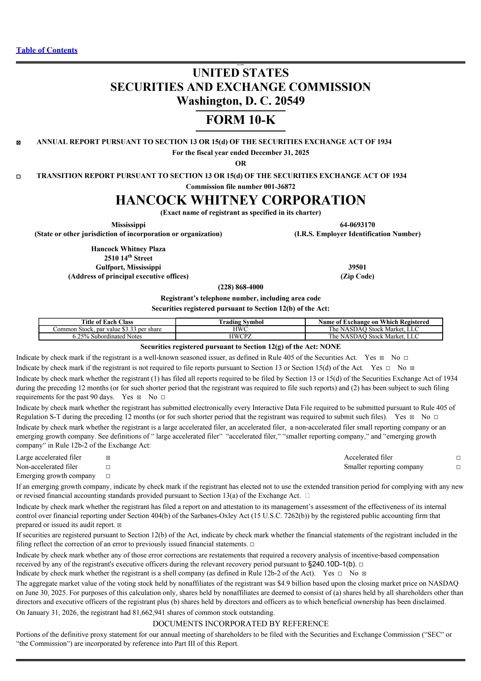 Hancock Whitney's Q4 2025 Annual report