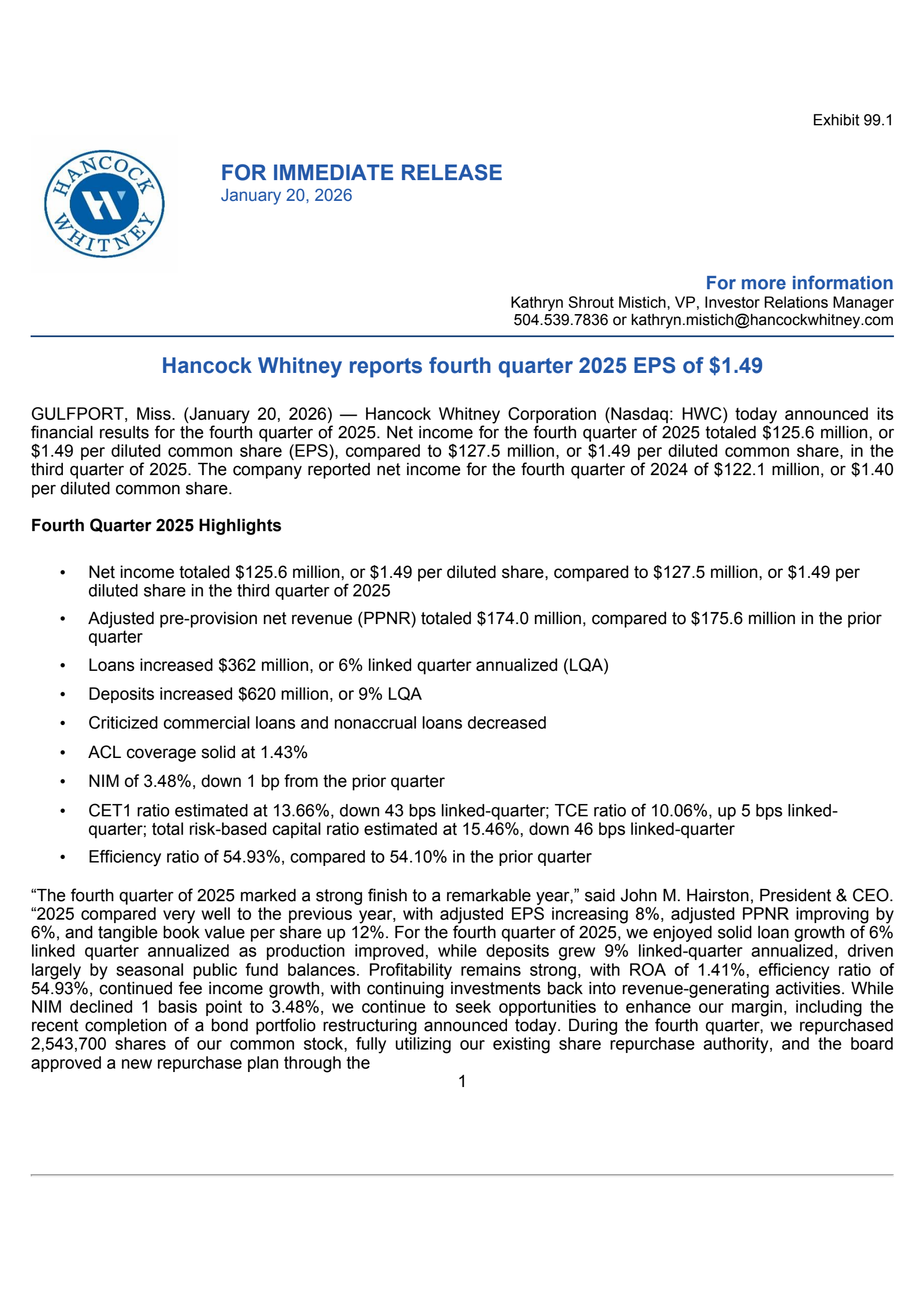 Hancock Whitney's Q4 2025 Press Release