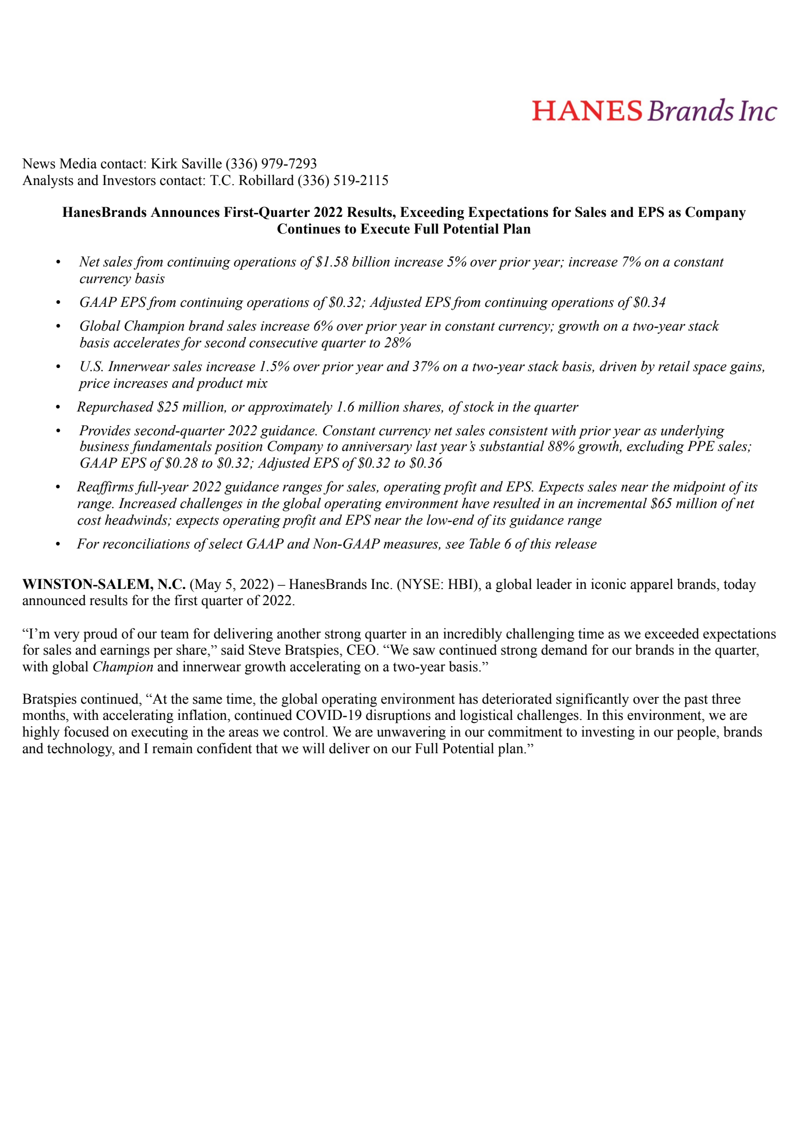 Hanesbrands' Q1 2022 Earnings Release