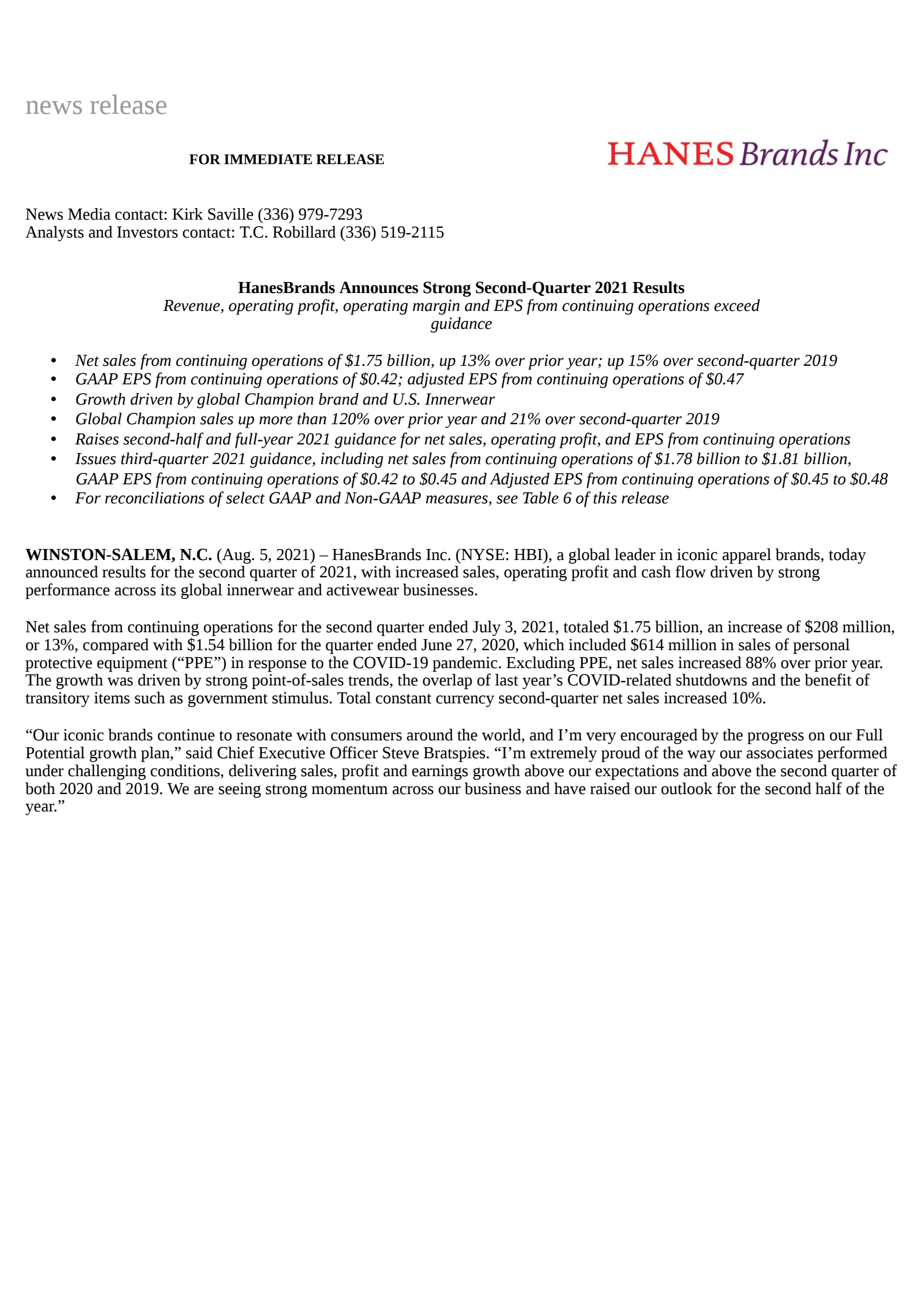 Hanesbrands' Q2 2021 Earnings Release