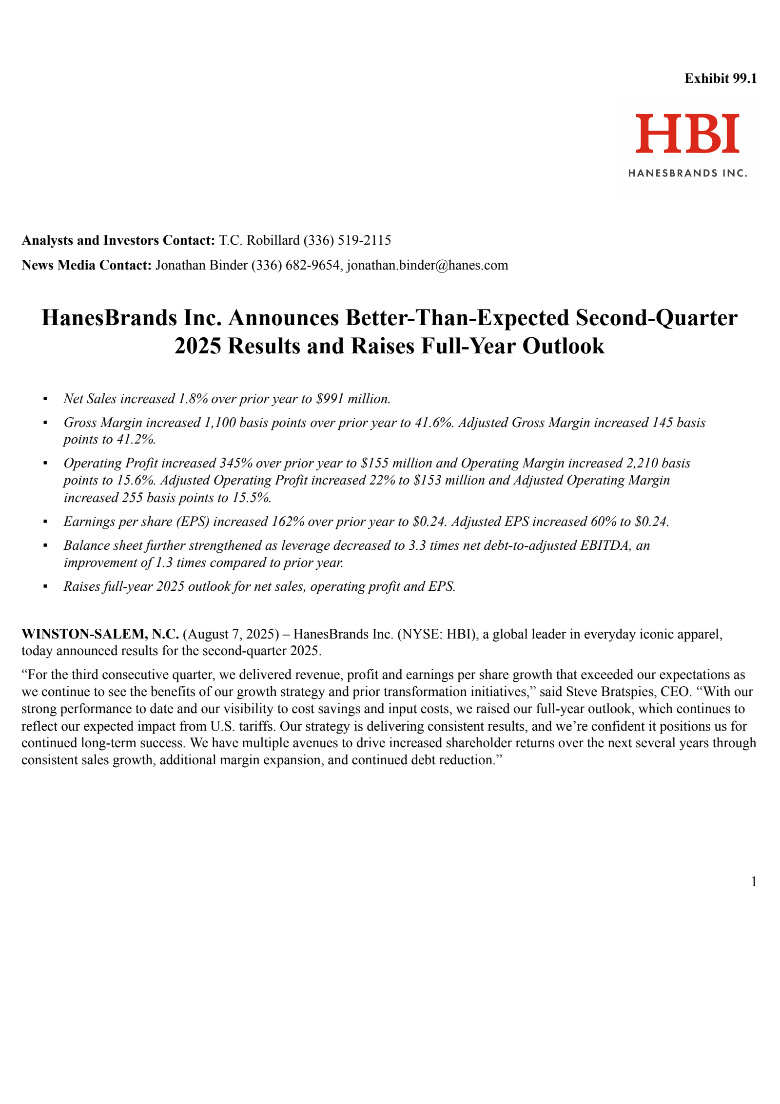 Hanesbrands' Q2 2025 Press Release