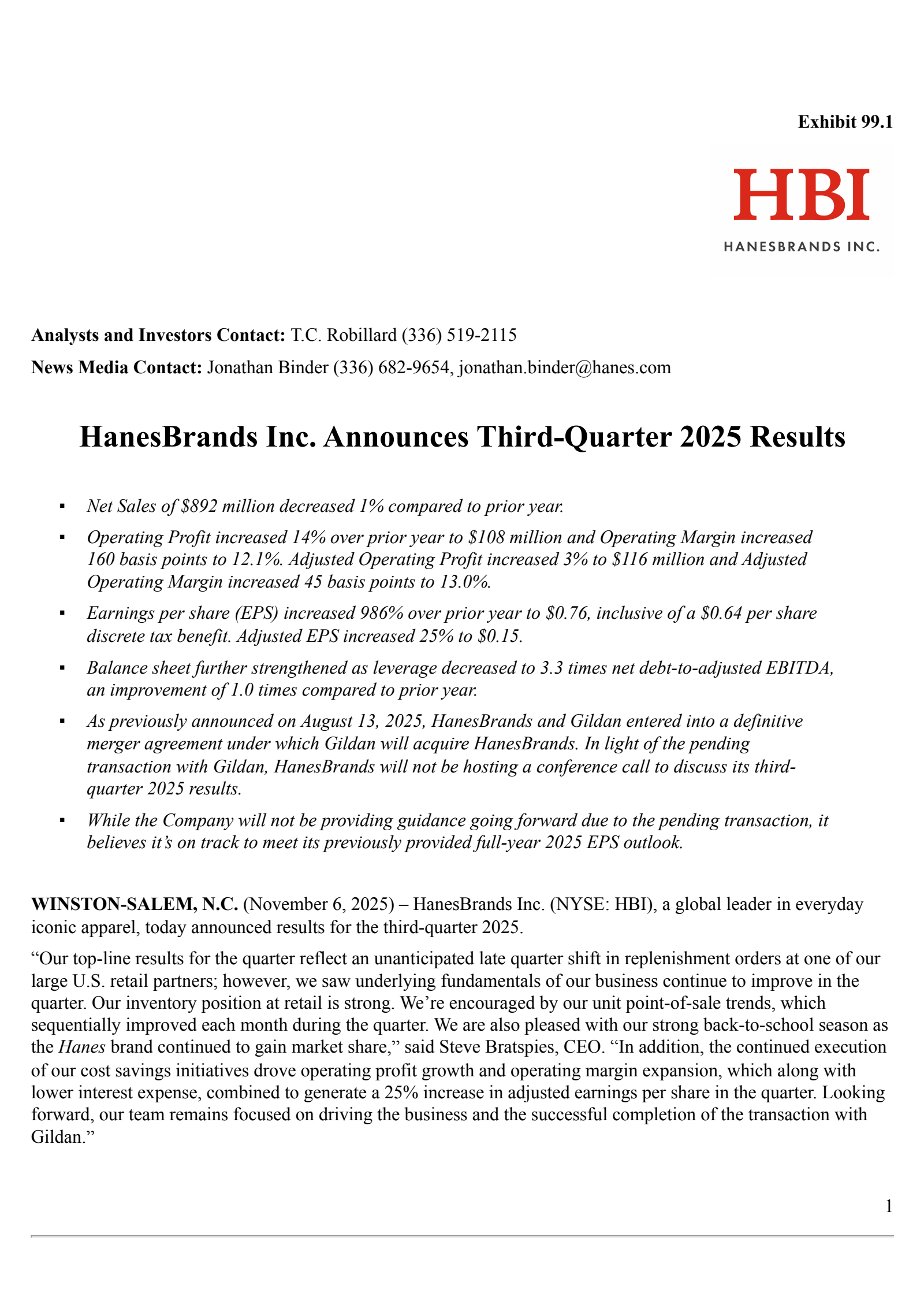 Hanesbrands' Q3 2025 Earnings Release