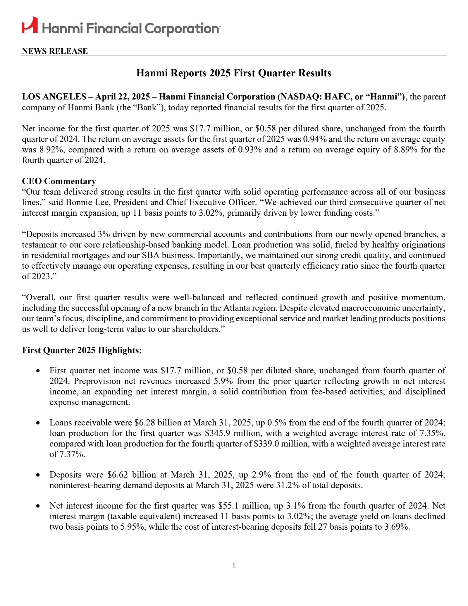 Hanmi Financial's Q1 2025 Earnings Release