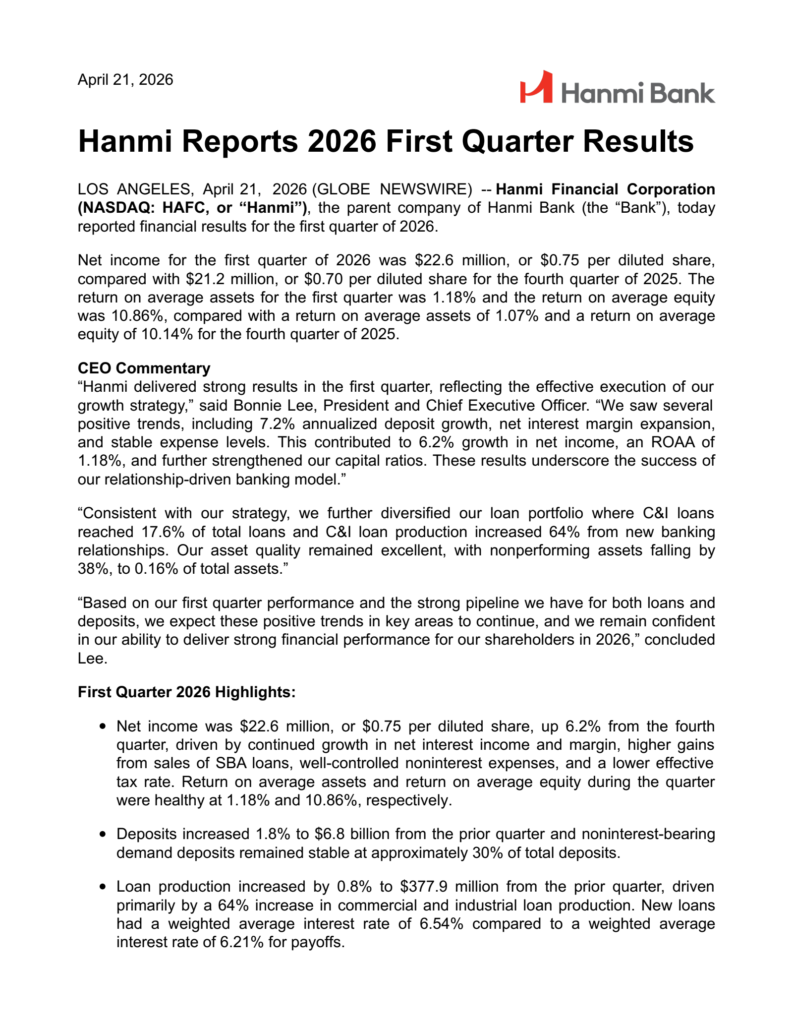Hanmi Financial's Q1 2026 Press Release