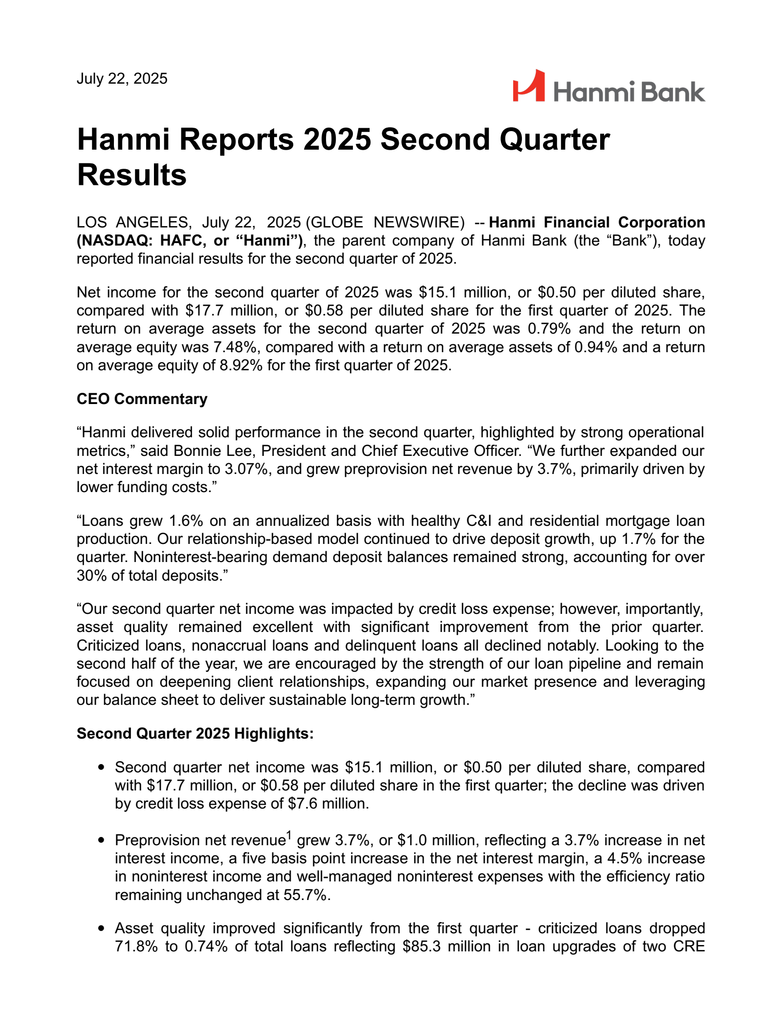 Hanmi Financial's Q2 2025 Press Release