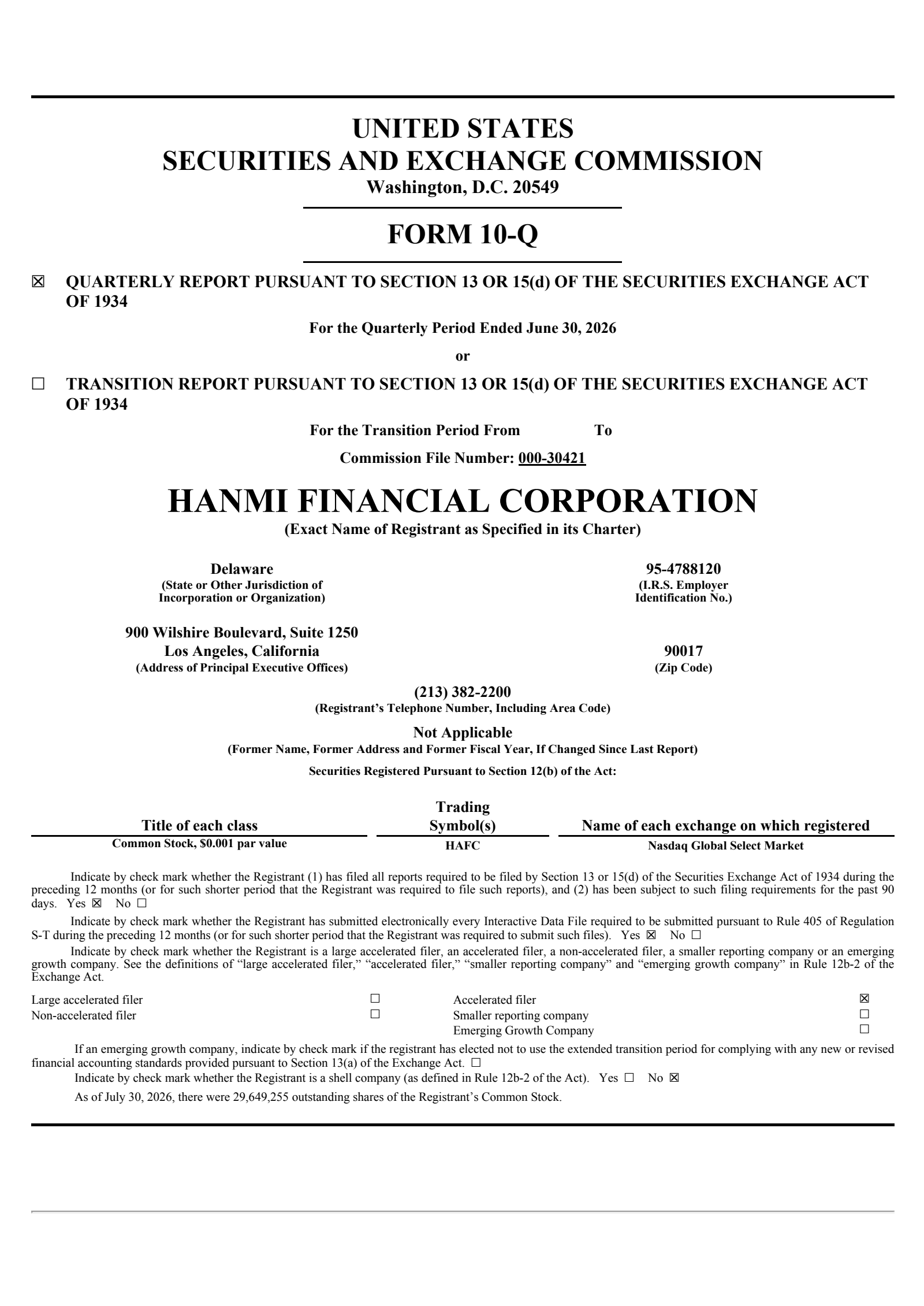 Hanmi Financial's Q2 2026 Quarterly report