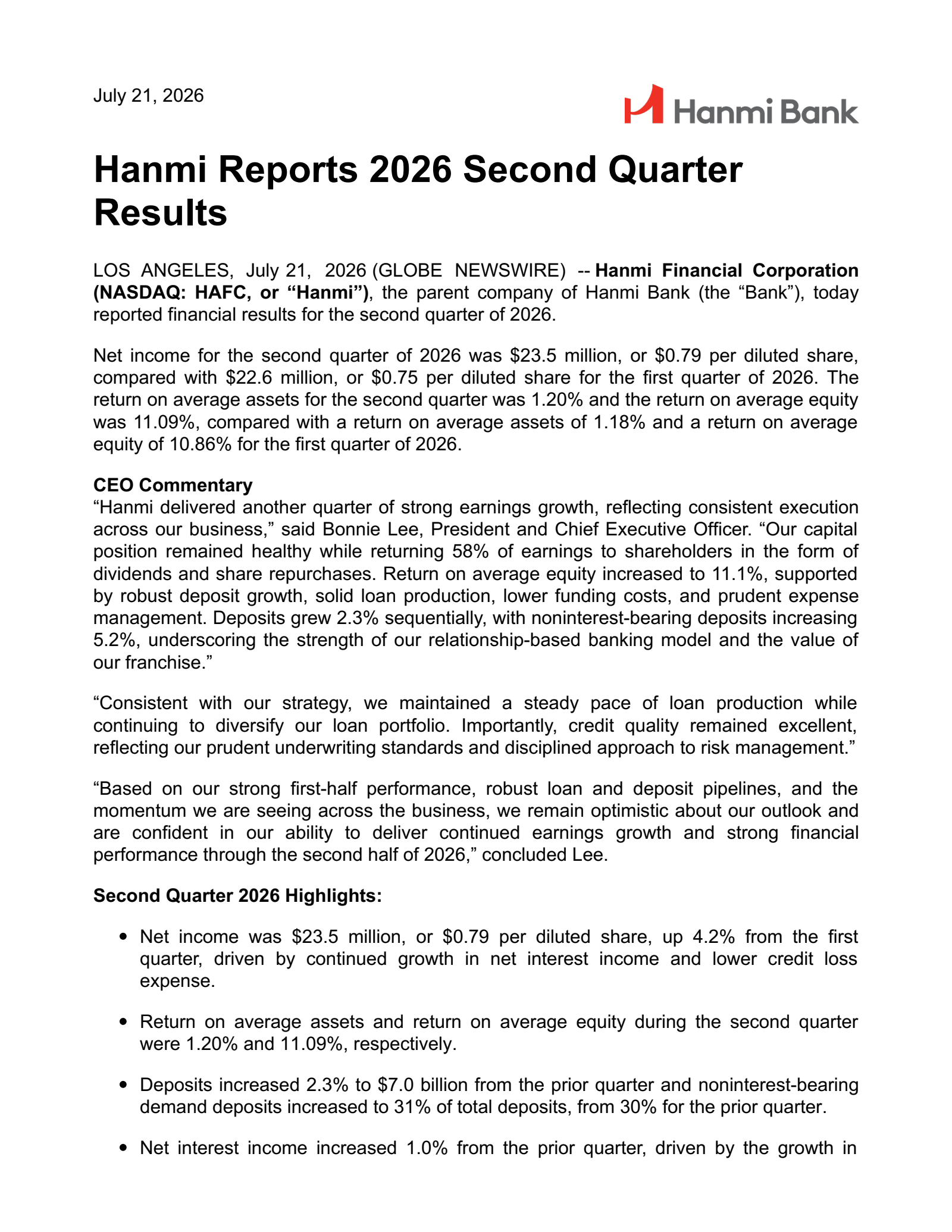 Hanmi Financial's Q2 2026 Press Release