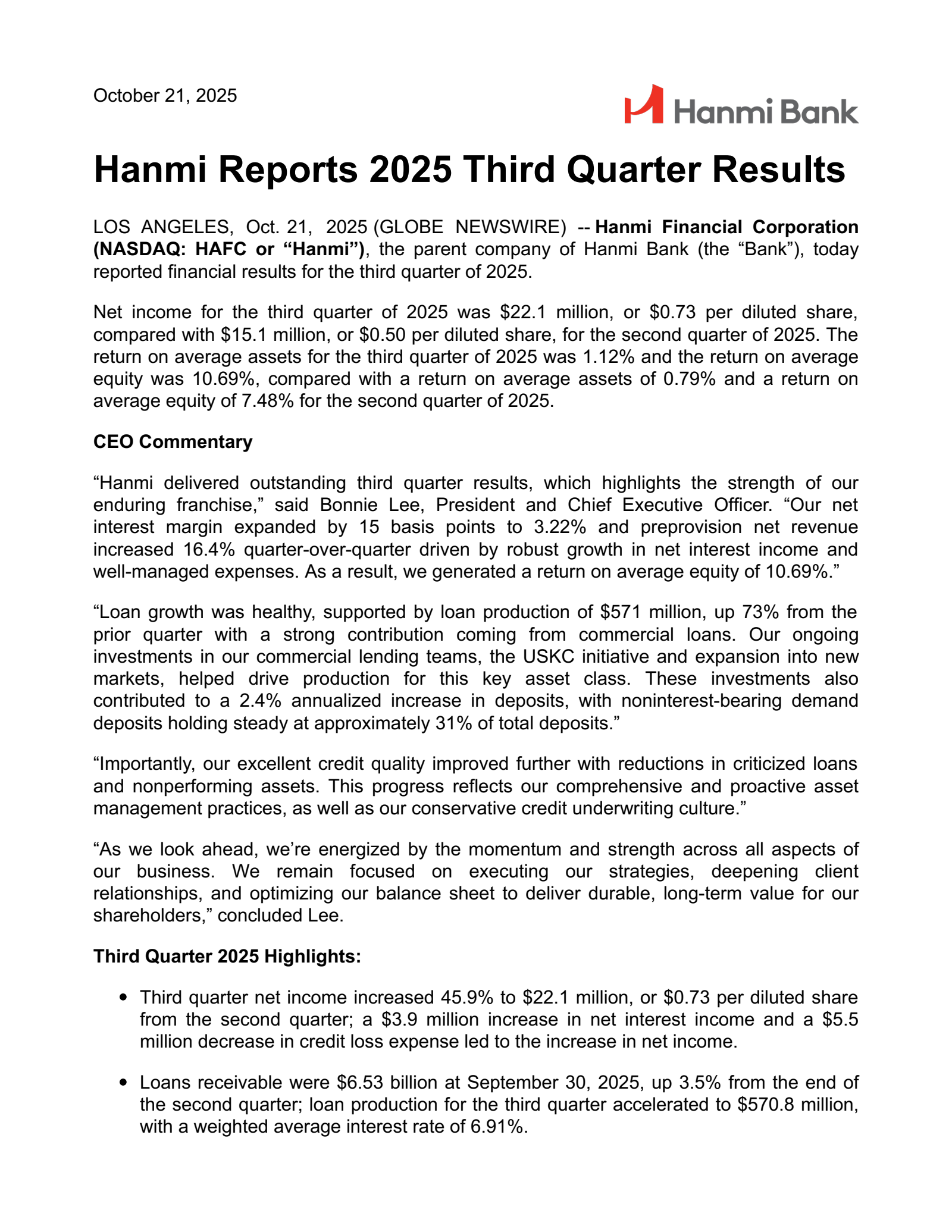 Hanmi Financial's Q3 2025 Earnings Release
