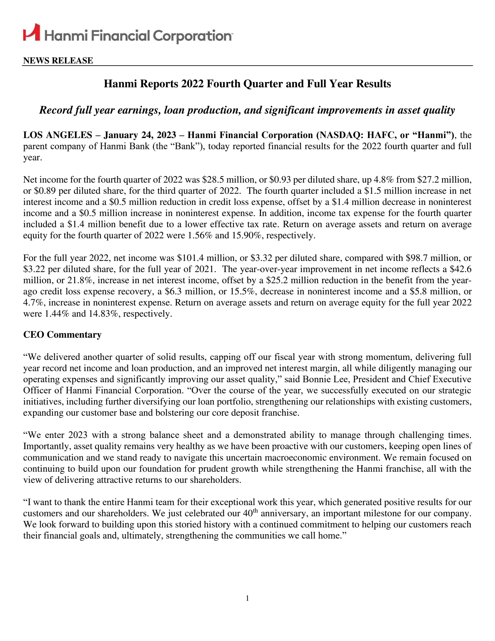 Hanmi Financial's Q4 2022 Press Release