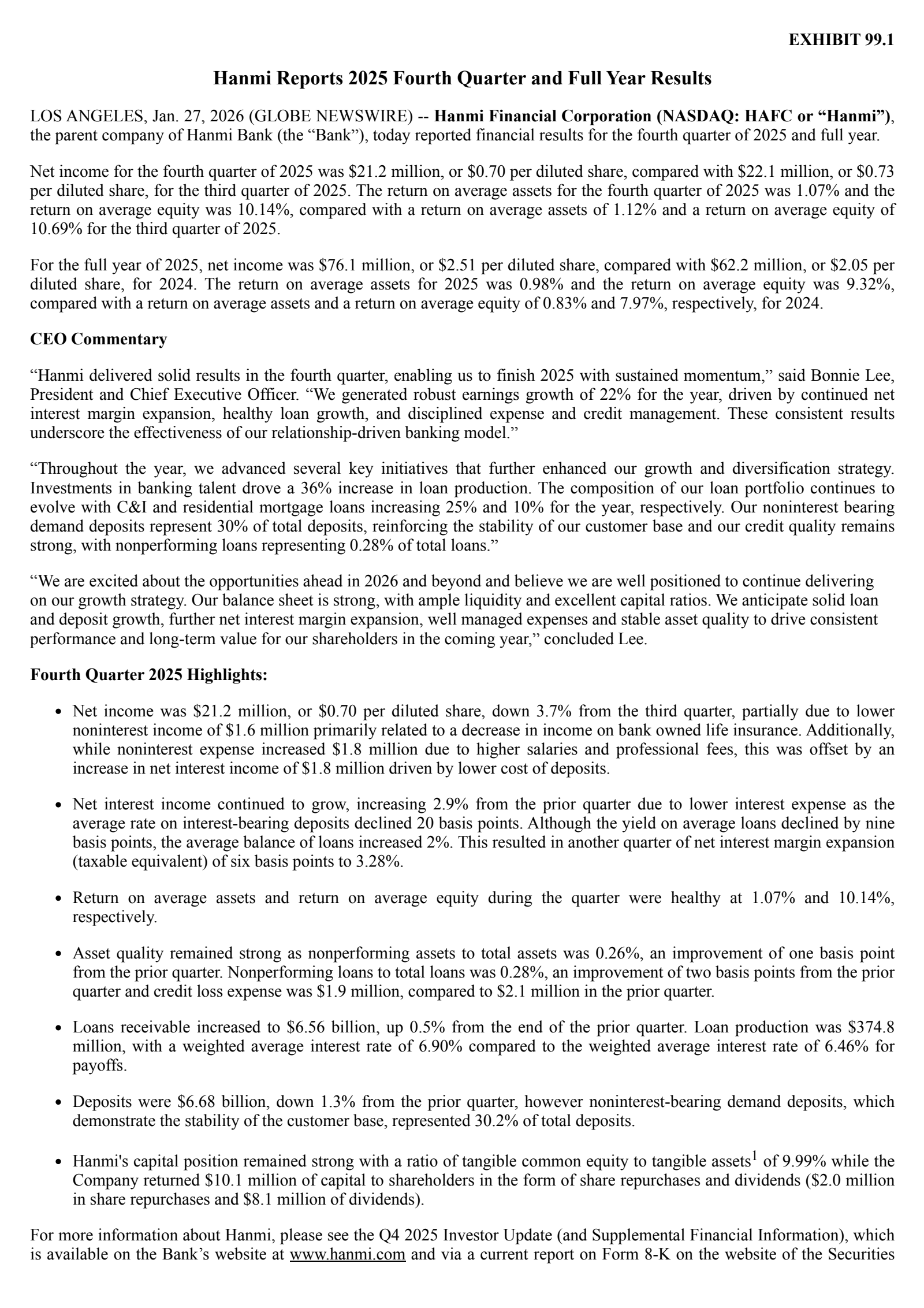 Hanmi Financial's Q4 2025 Press Release