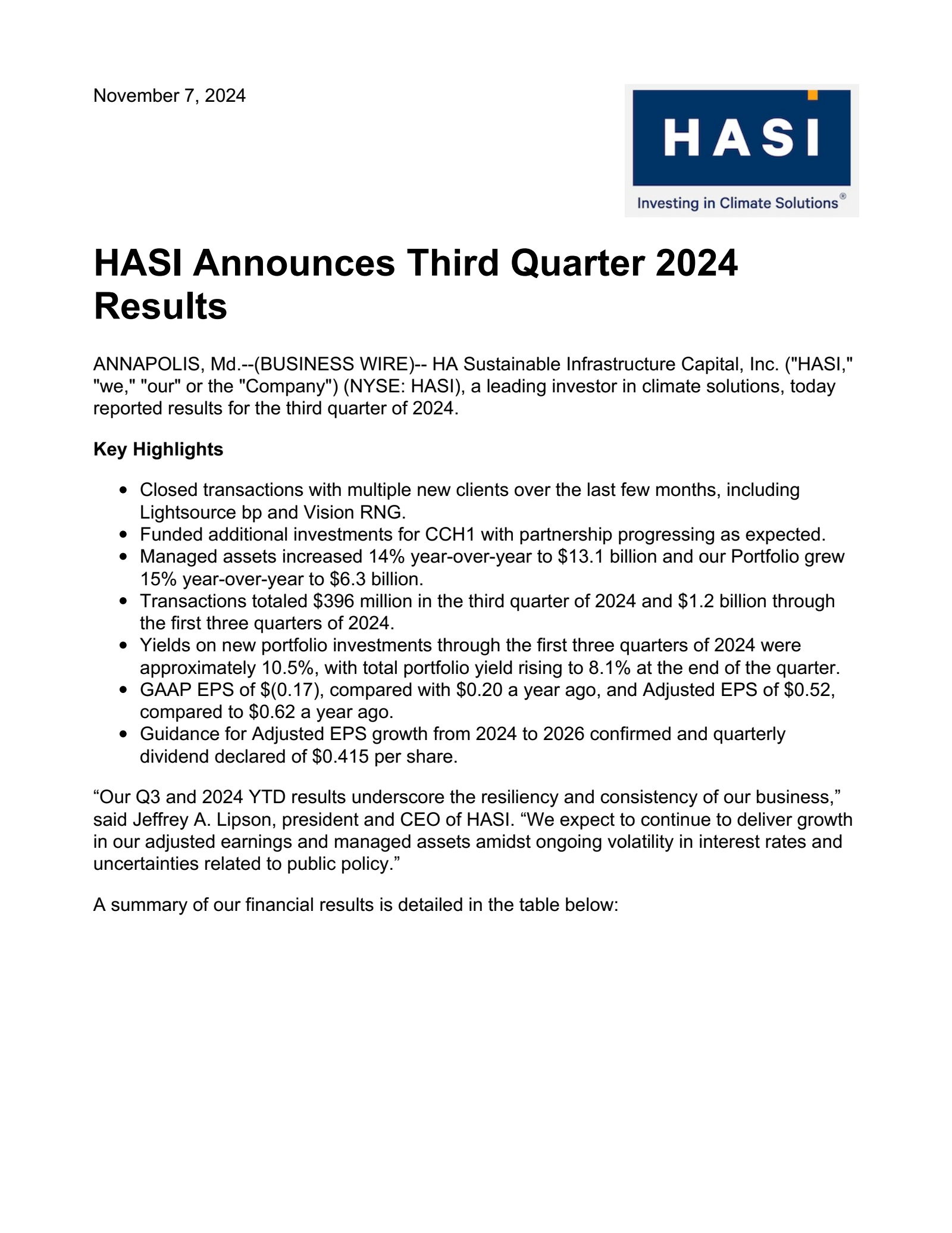 HA Sustainable Infrastructure Capital's Q3 2024 Press Release