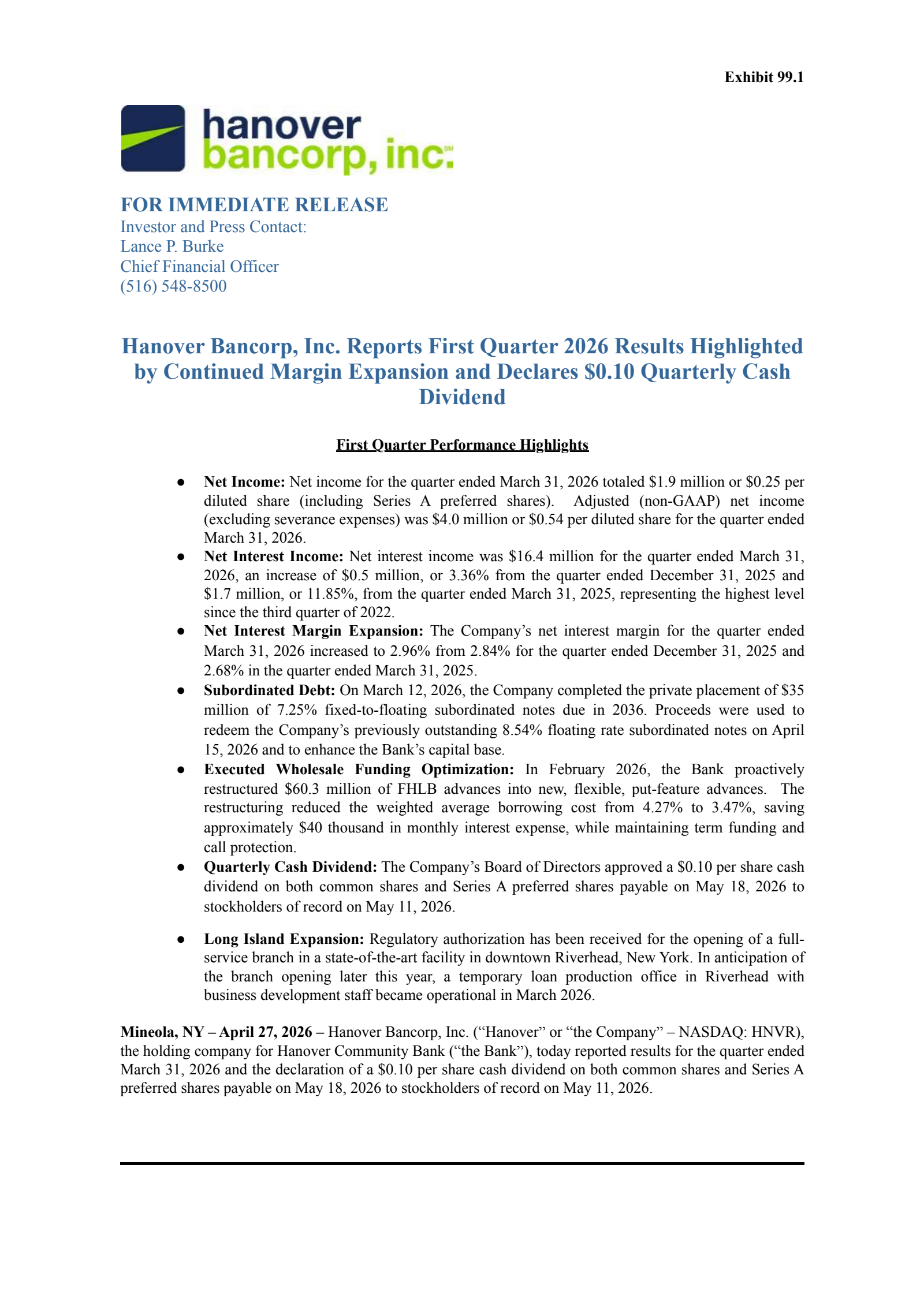 Hanover Bancorp's Q1 2026 Press Release