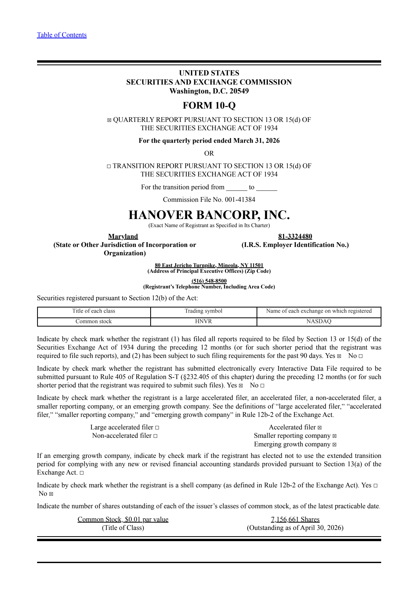 Hanover Bancorp's Q1 2026 Quarterly report