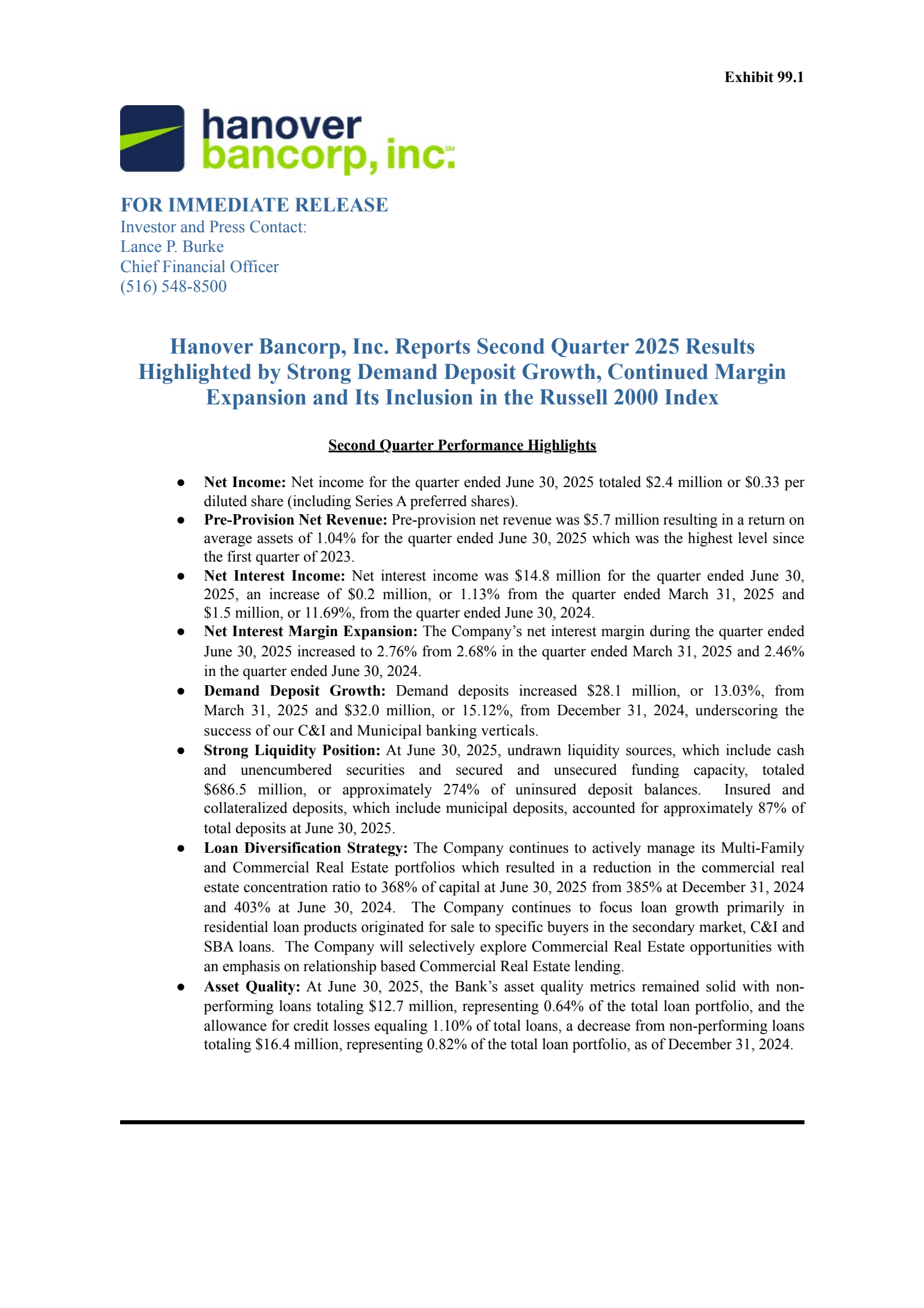 Hanover Bancorp's Q2 2025 Press Release