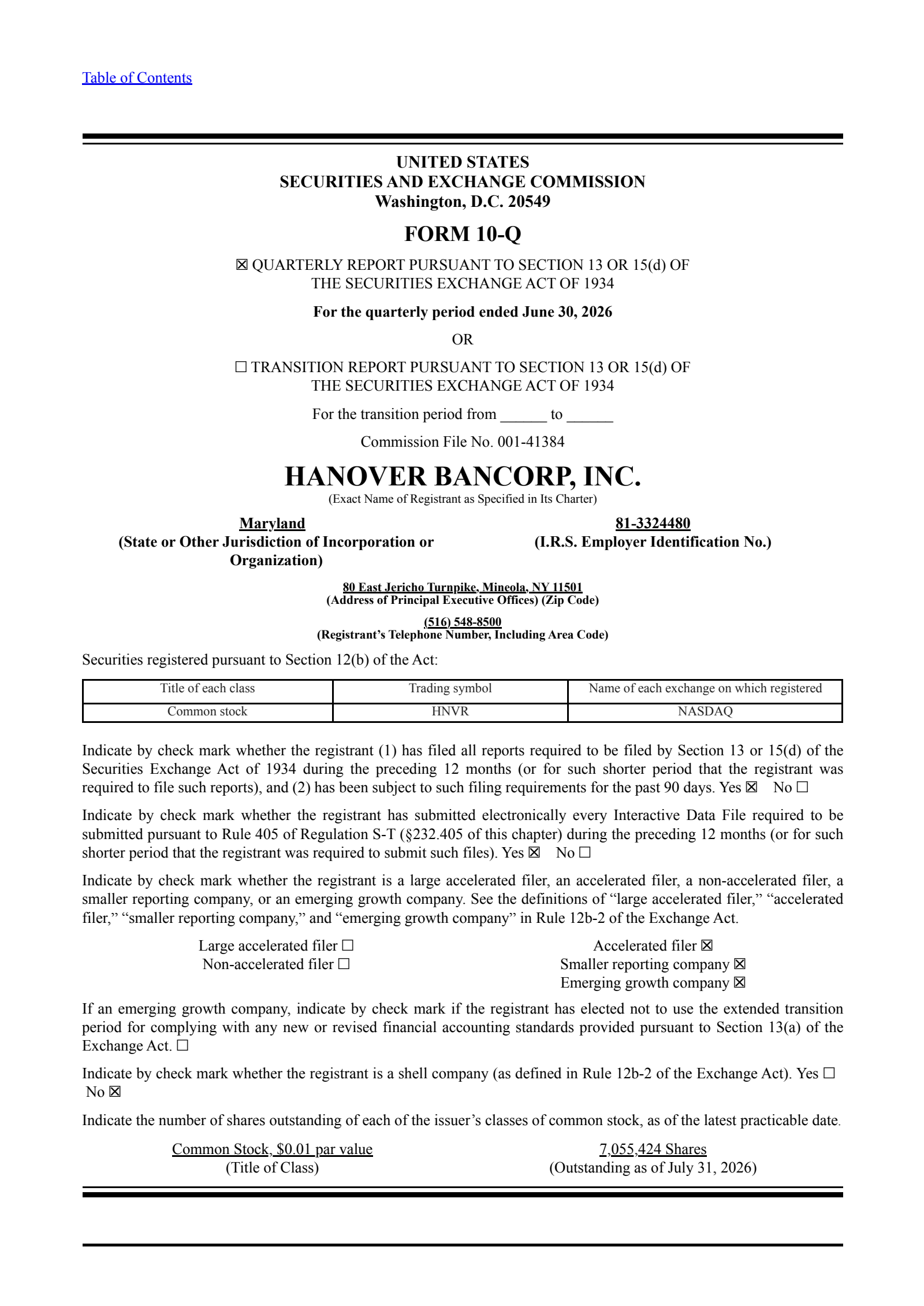Hanover Bancorp's Q2 2026 Quarterly report
