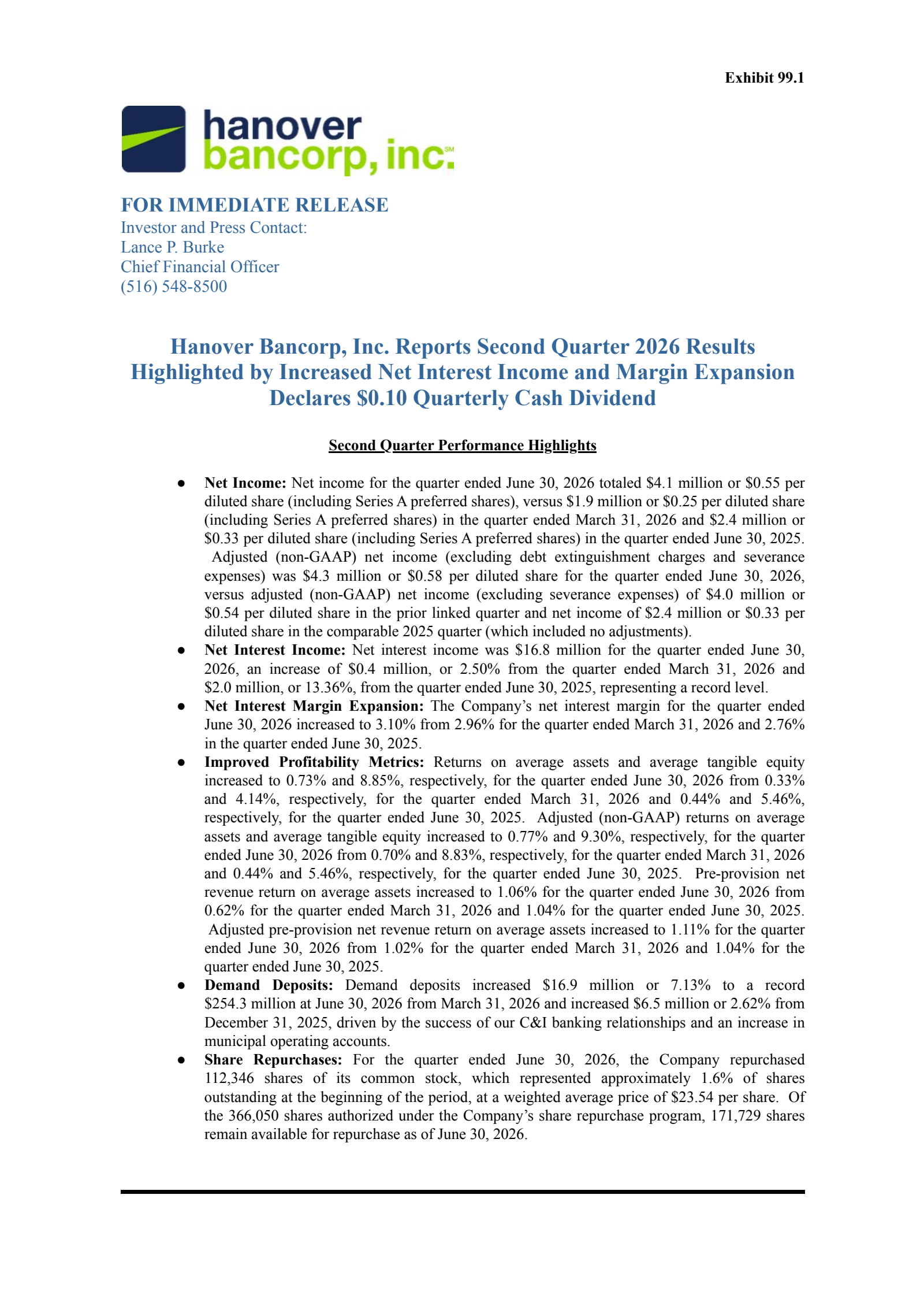 Hanover Bancorp's Q2 2026 Press Release