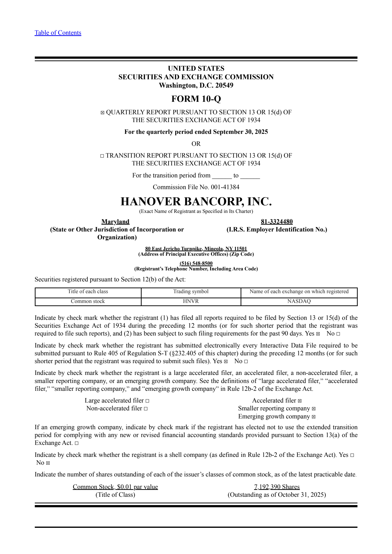Hanover Bancorp's Q3 2025 Quarterly Report