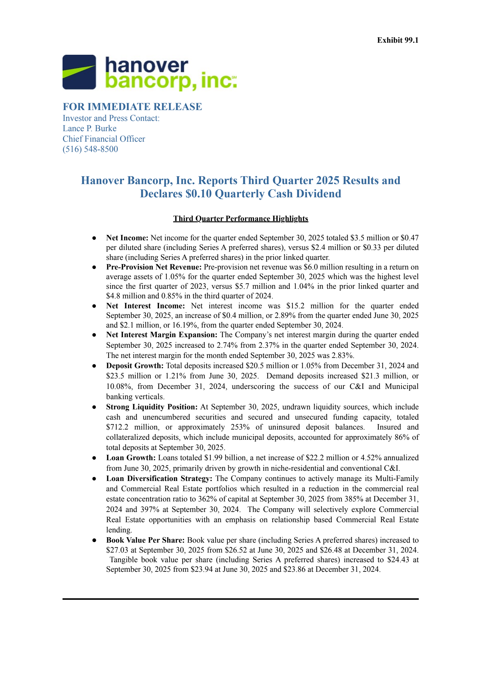 Hanover Bancorp's Q3 2025 Earnings Release