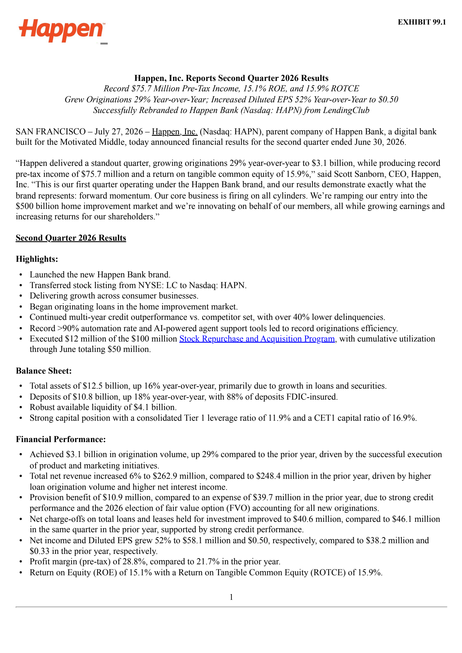 LendingClub's Q2 2026 Press Release
