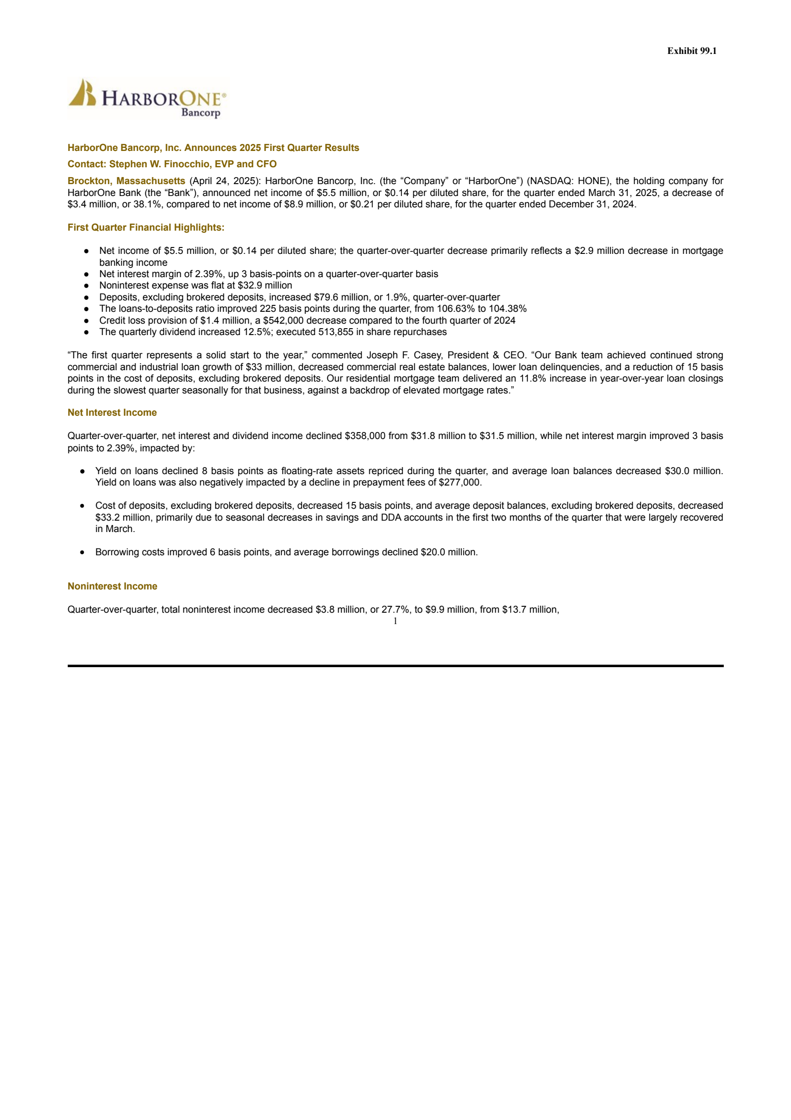 HarborOne Bancorp's Q1 2025 Press Release