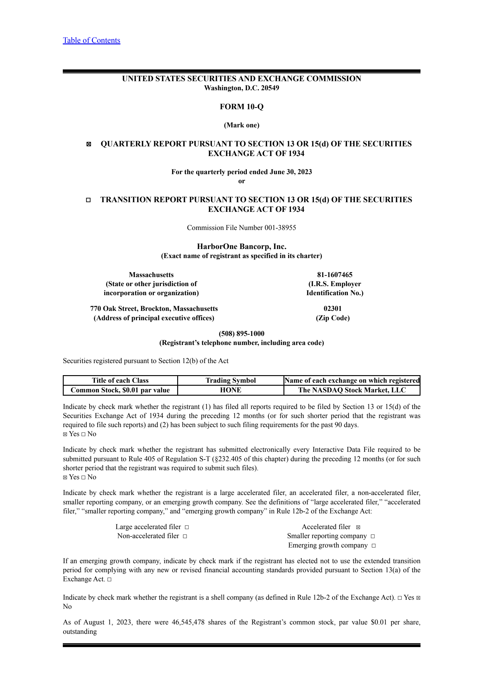HarborOne Bancorp's Q2 2023 Quarterly report