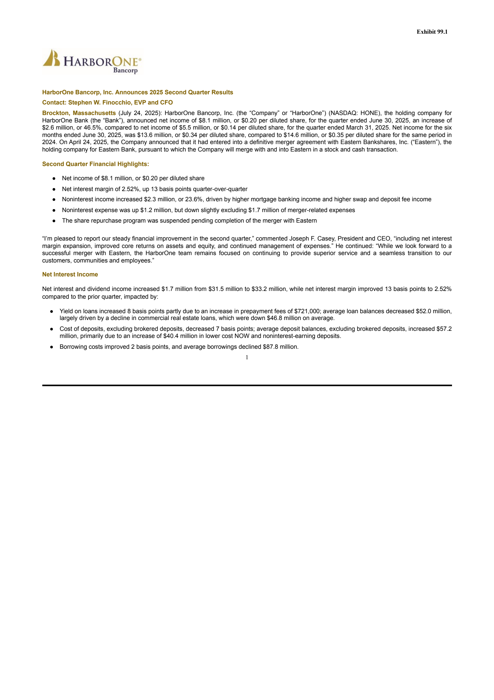 HarborOne Bancorp's Q2 2025 Press Release