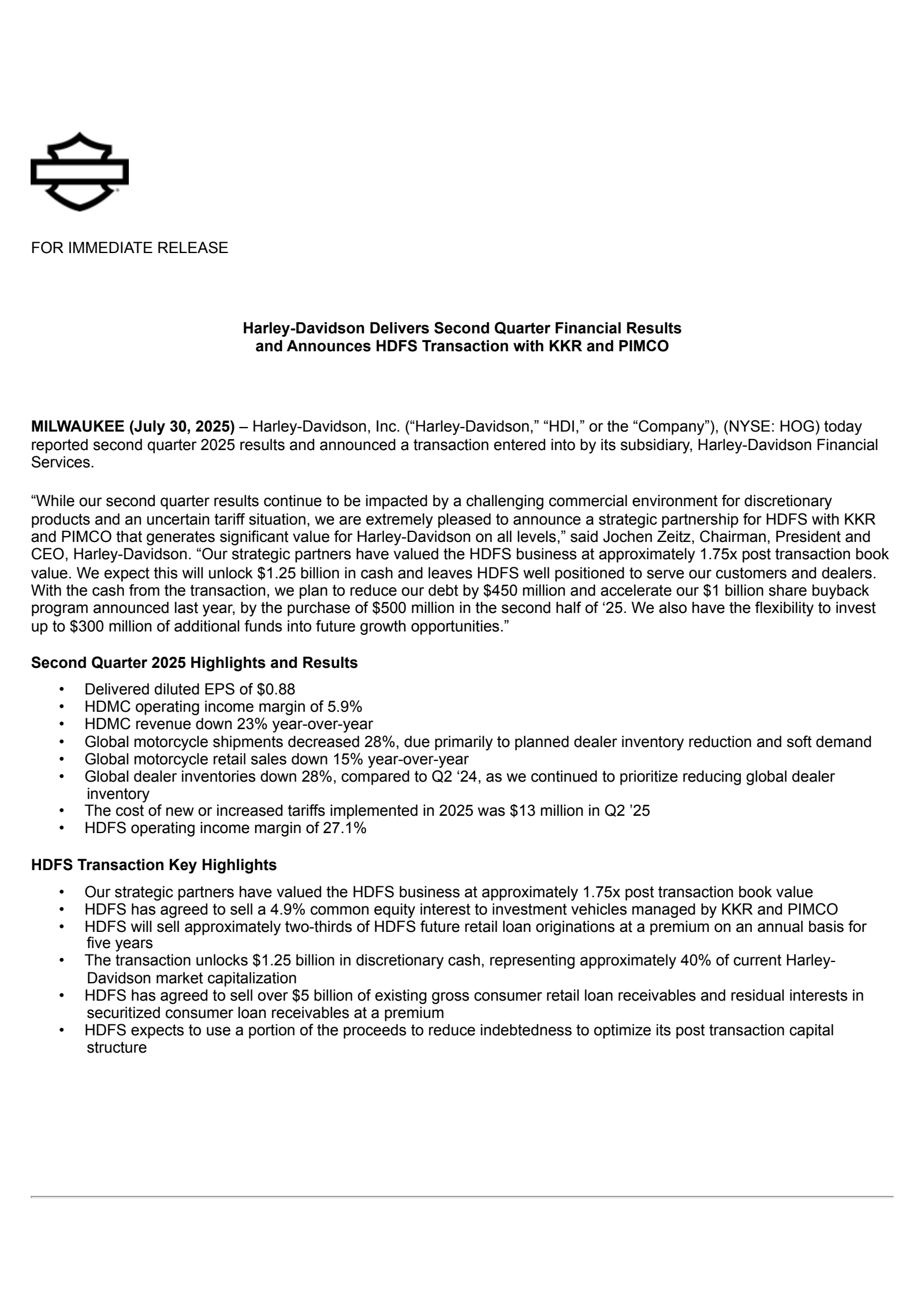 Harley-Davidson's Q2 2025 Press Release